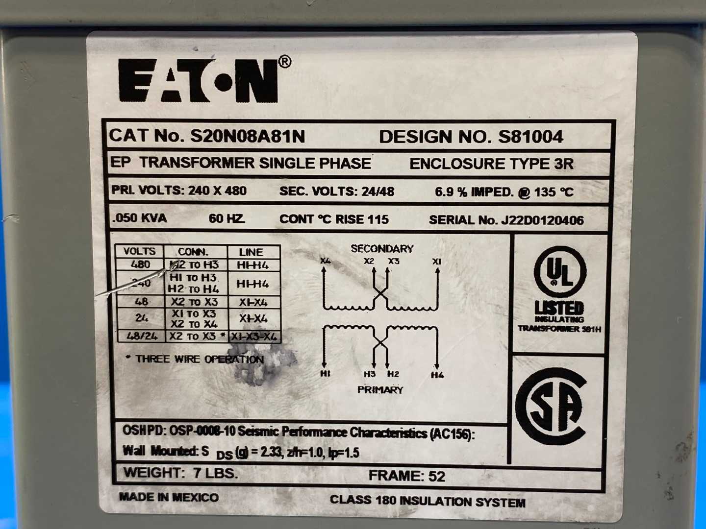 Eaton Transformer S20N08A81N, 0.050KVA, 60HZ, 240x480V, Single phase 