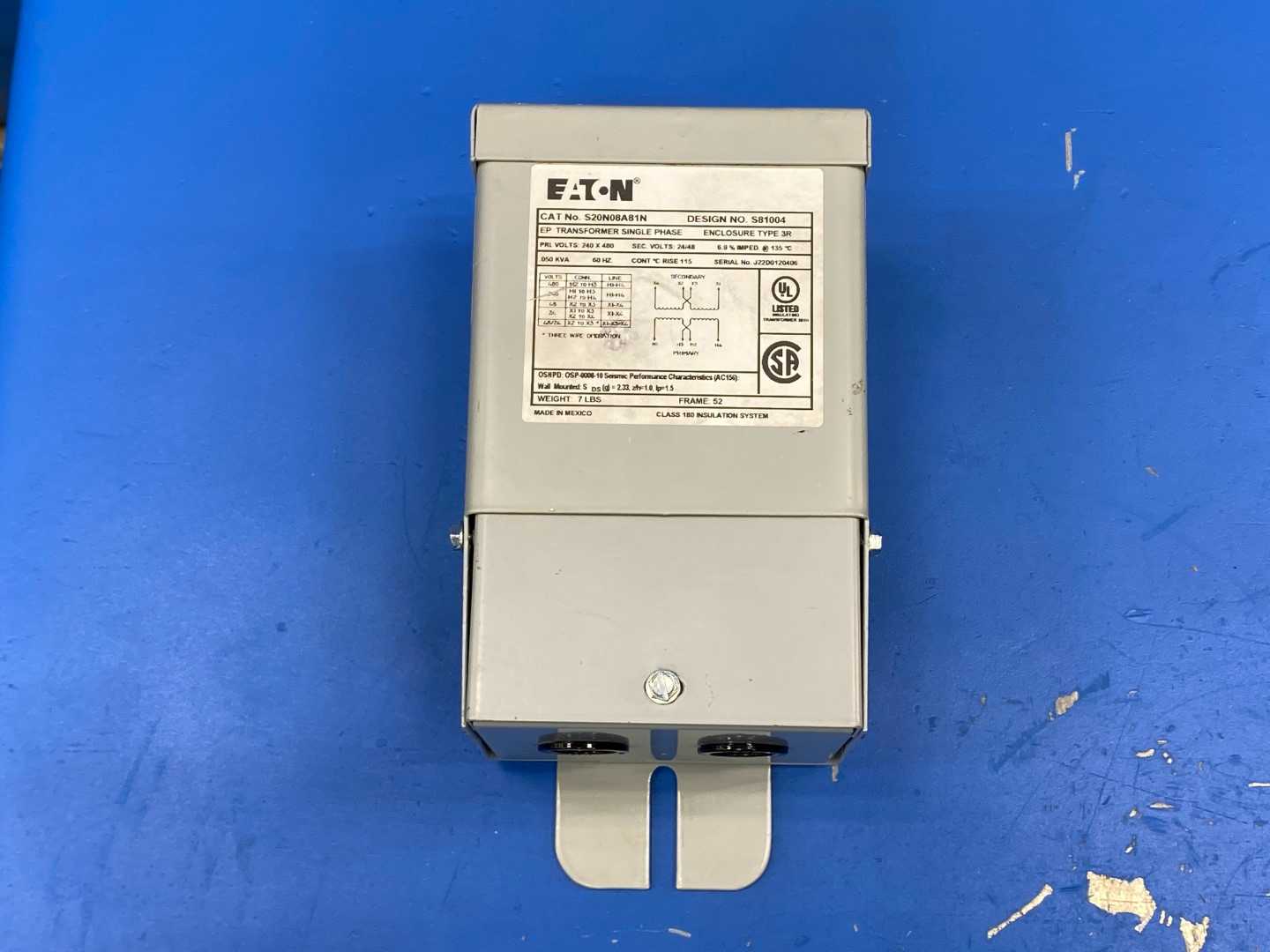 Eaton Transformer S20N08A81N, 0.050KVA, 60HZ, 240x480V, Single phase 