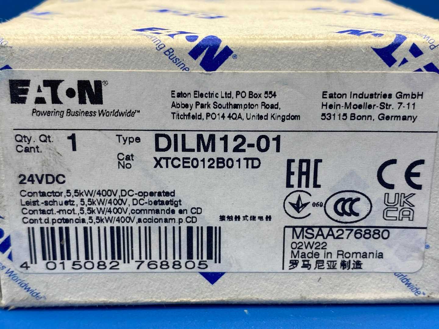 Eaton Contactor XTCE012B01TD, Type DILM12-01, 24VDC