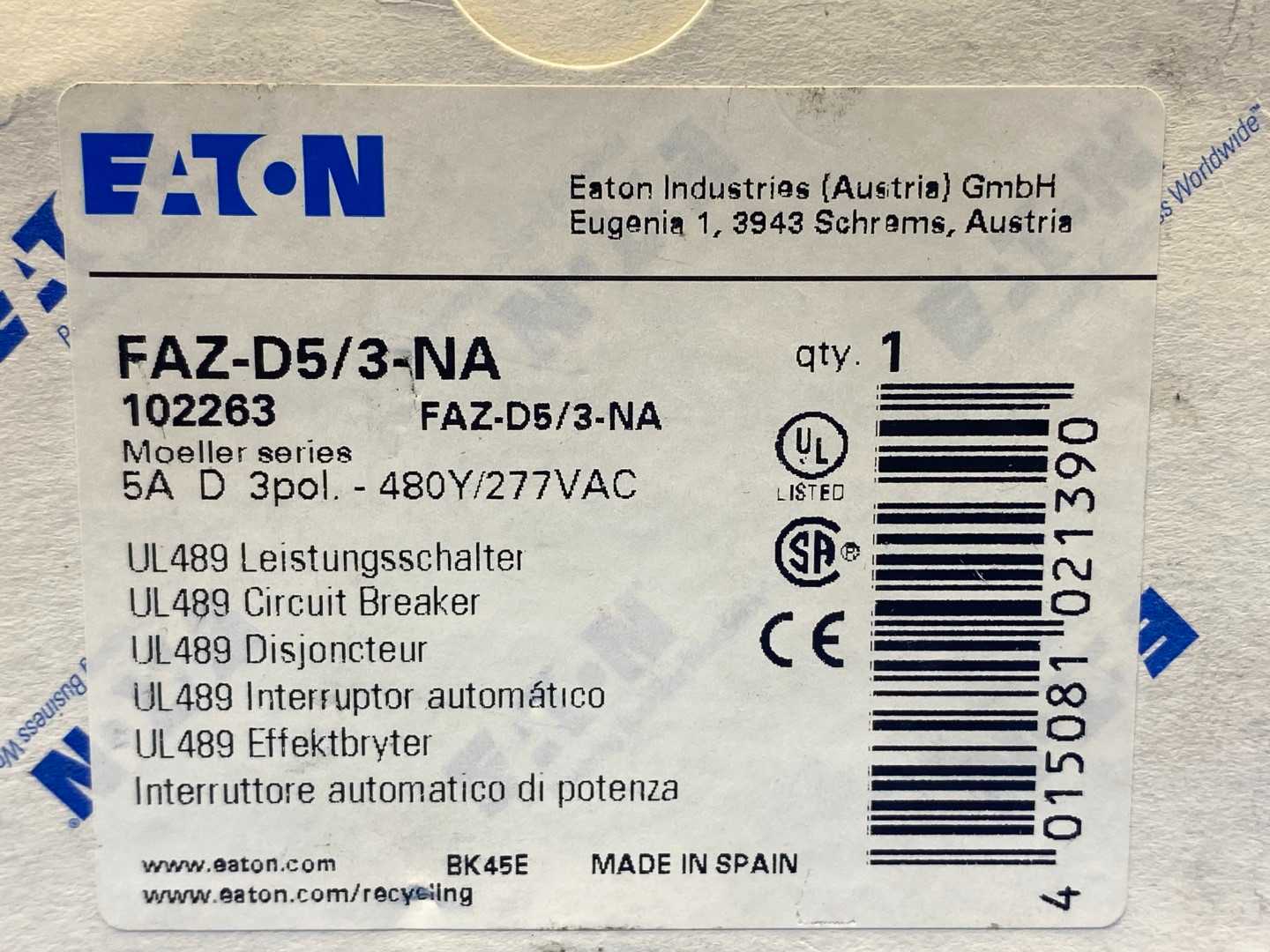 Eaton FAZ-D5/3-NA  5A  3P Miniature Circuit Breaker 