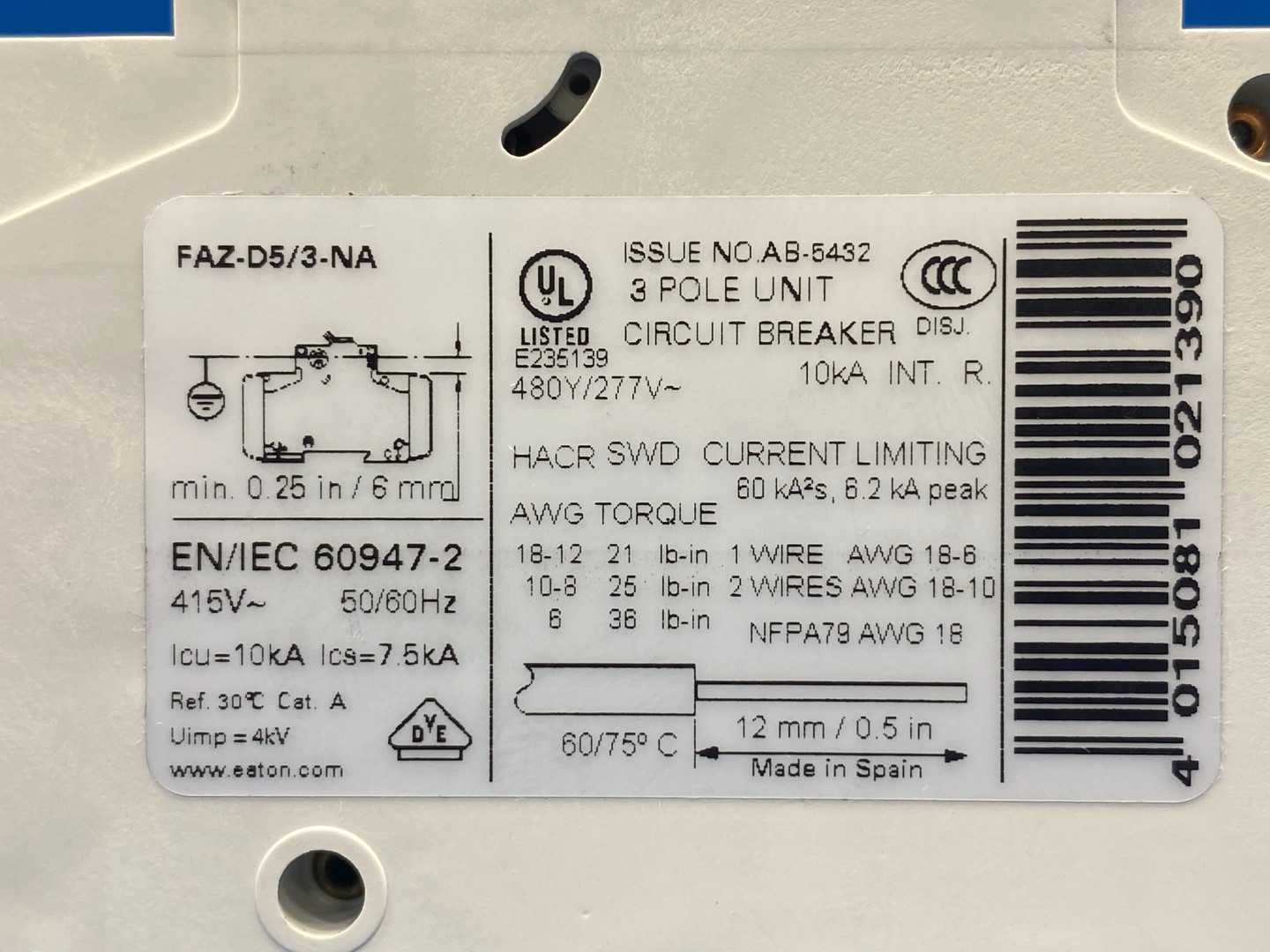 Eaton FAZ-D5/3-NA  5A  3P Miniature Circuit Breaker 