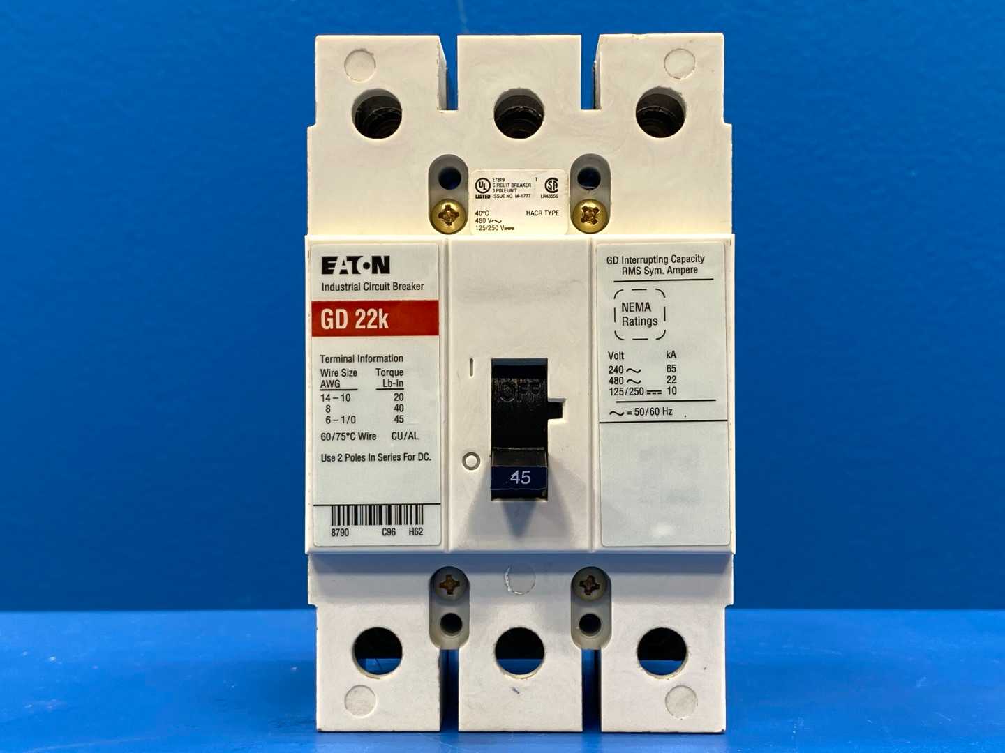 Eaton GD Circuit Breaker 45A-480V, 3 Pole GD3045