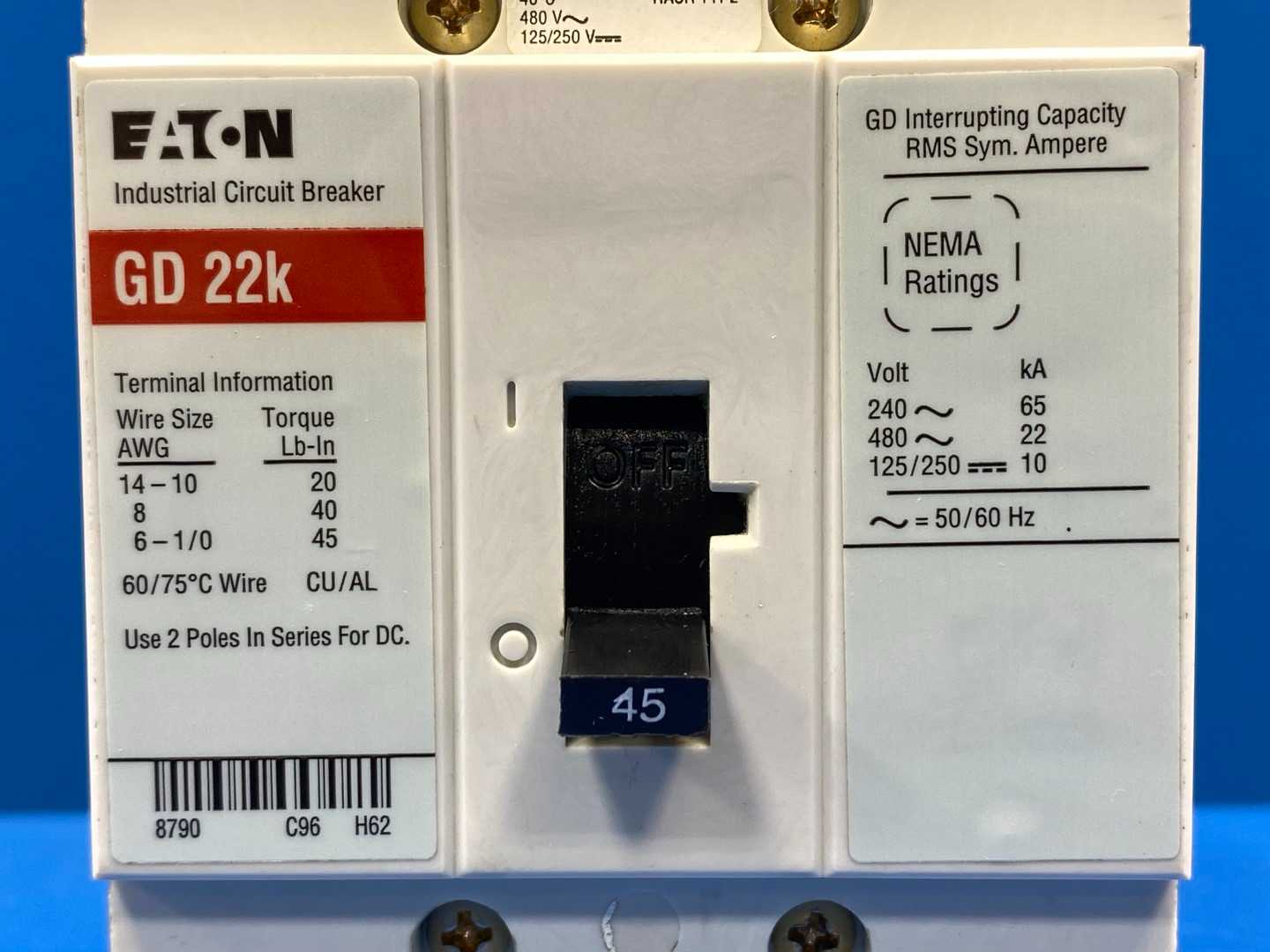 Eaton GD Circuit Breaker 45A-480V, 3 Pole GD3045