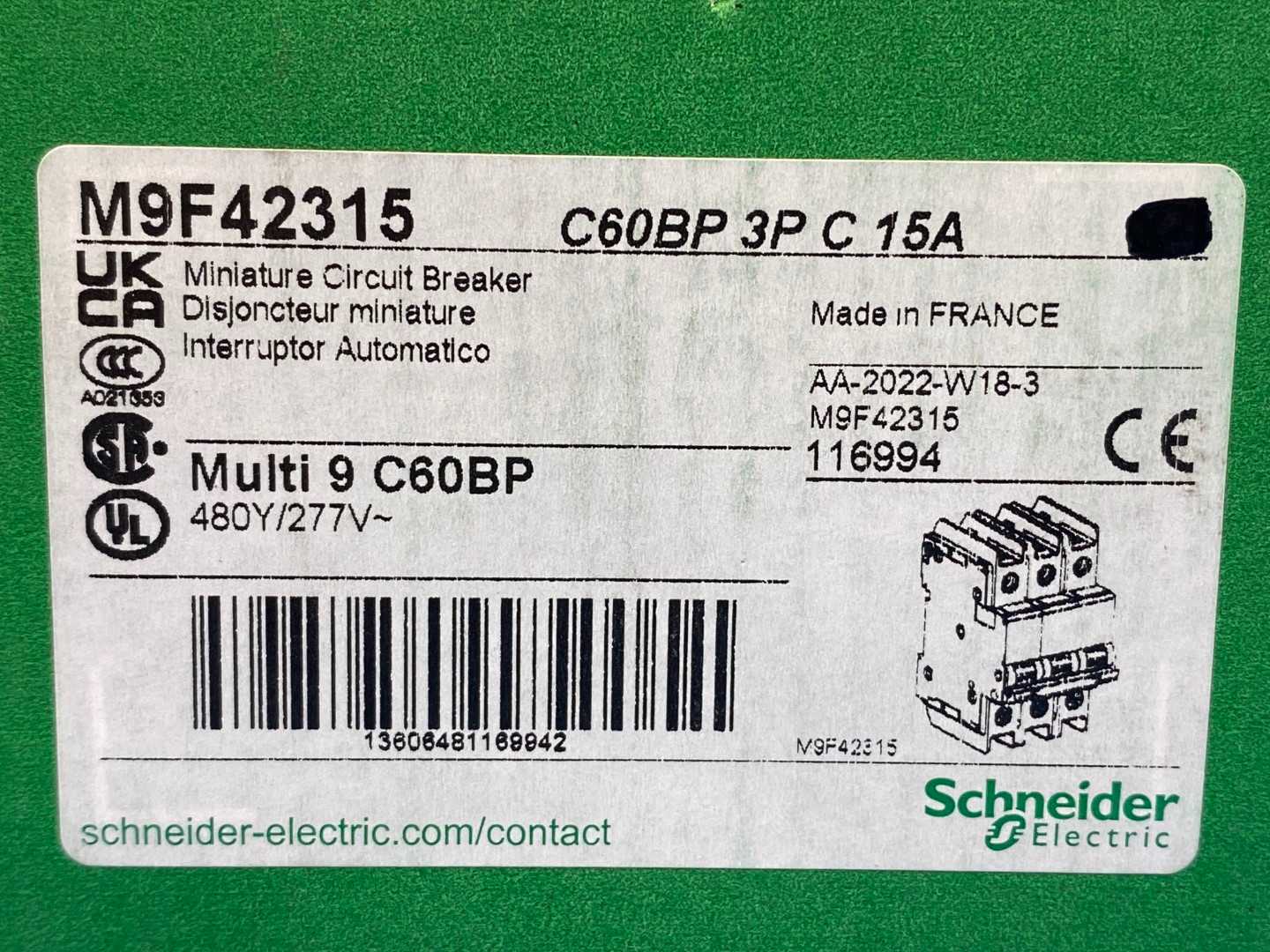  Schneider Electric M9F42315 Circuit Breaker, Miniature, Multi9, 3P, 15A