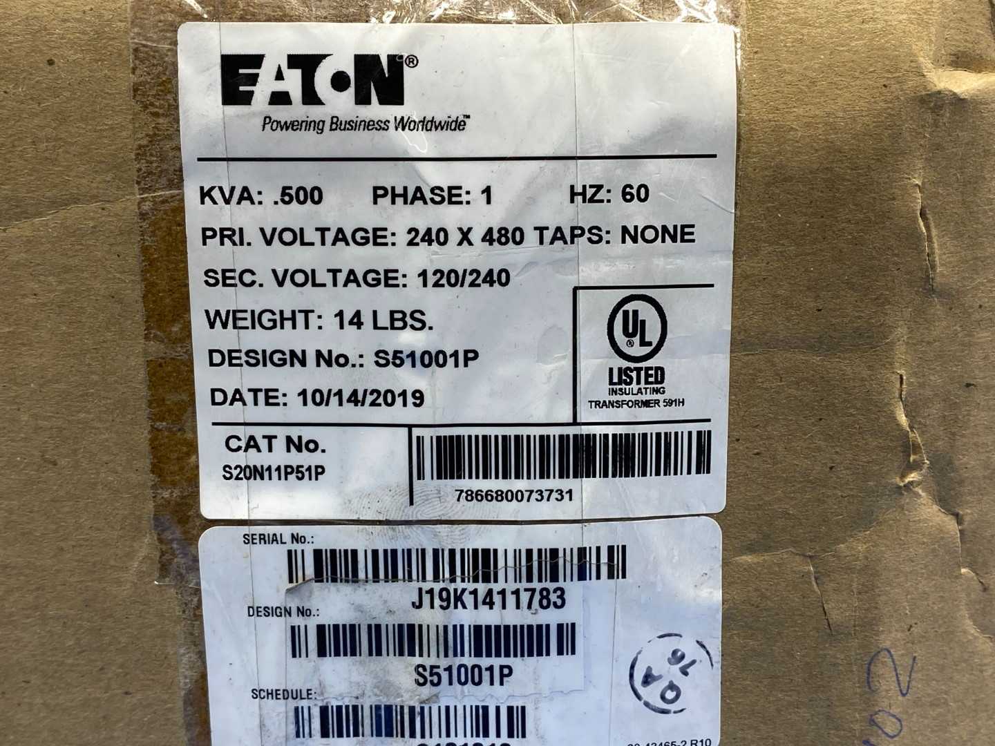 Eaton S20N11P51P Encapsulated Transformer, EP, Single Phase, 240X480-120/240V