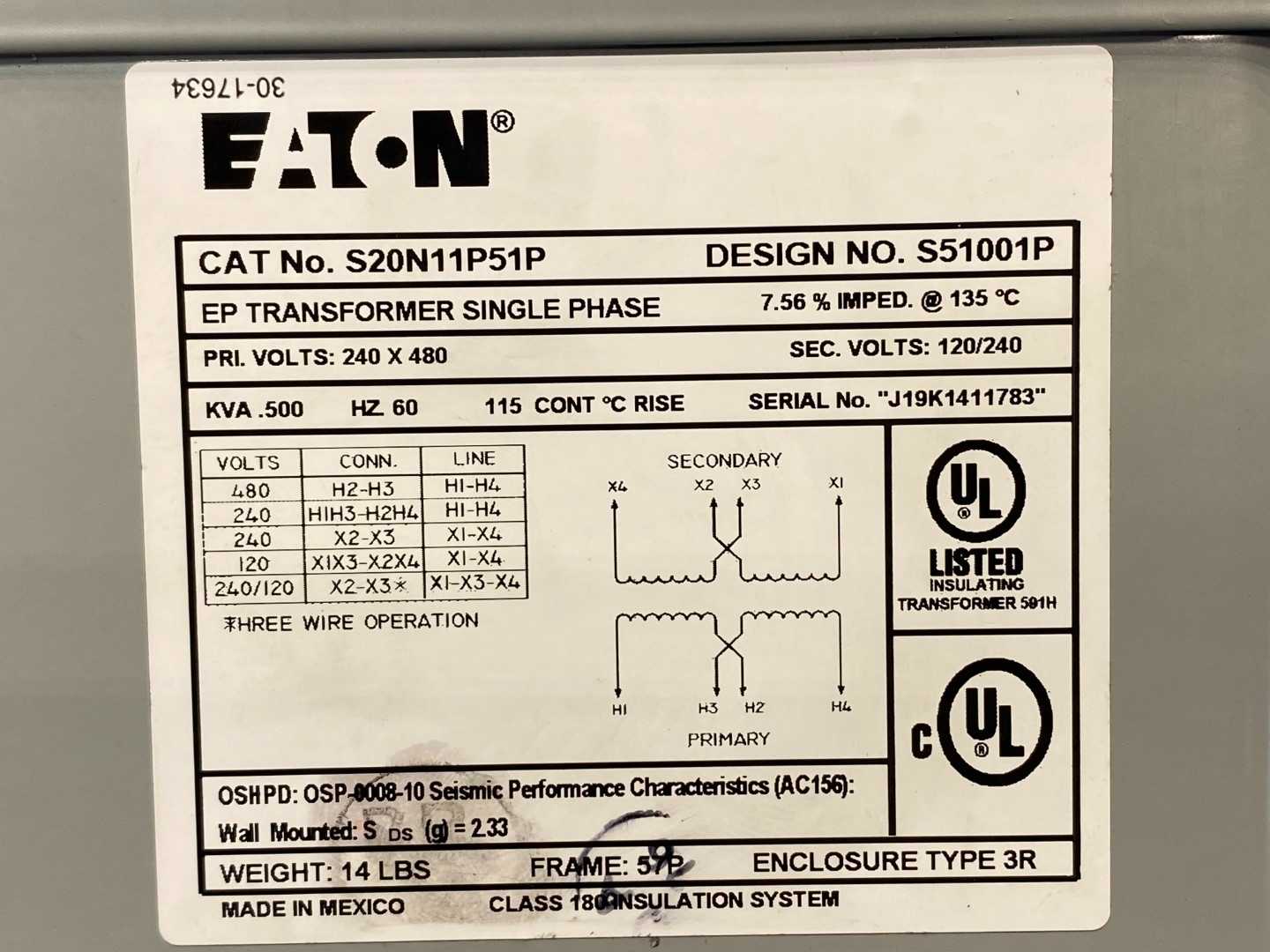 Eaton S20N11P51P Encapsulated Transformer, EP, Single Phase, 240X480-120/240V