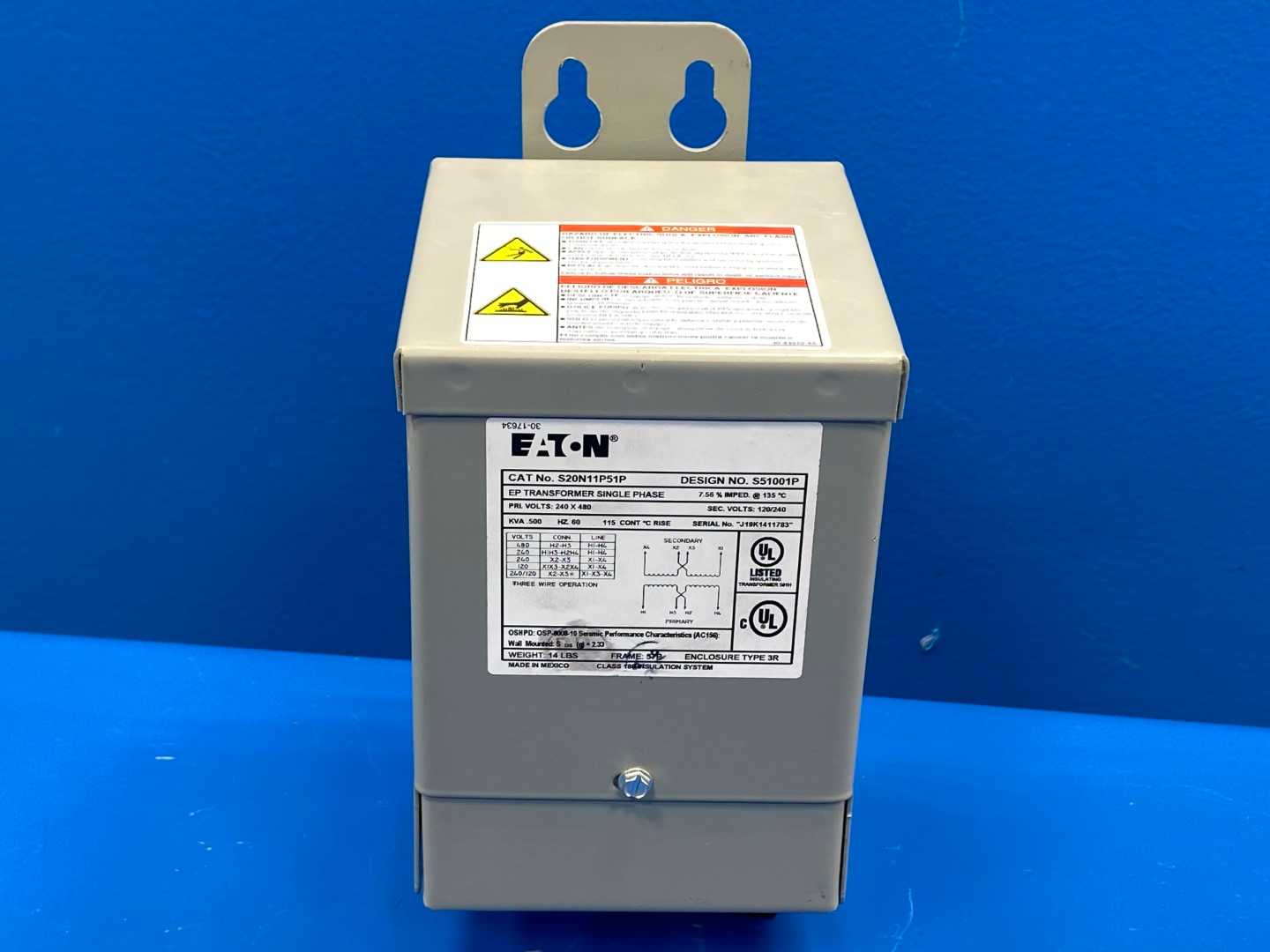 Eaton S20N11P51P Encapsulated Transformer, EP, Single Phase, 240X480-120/240V