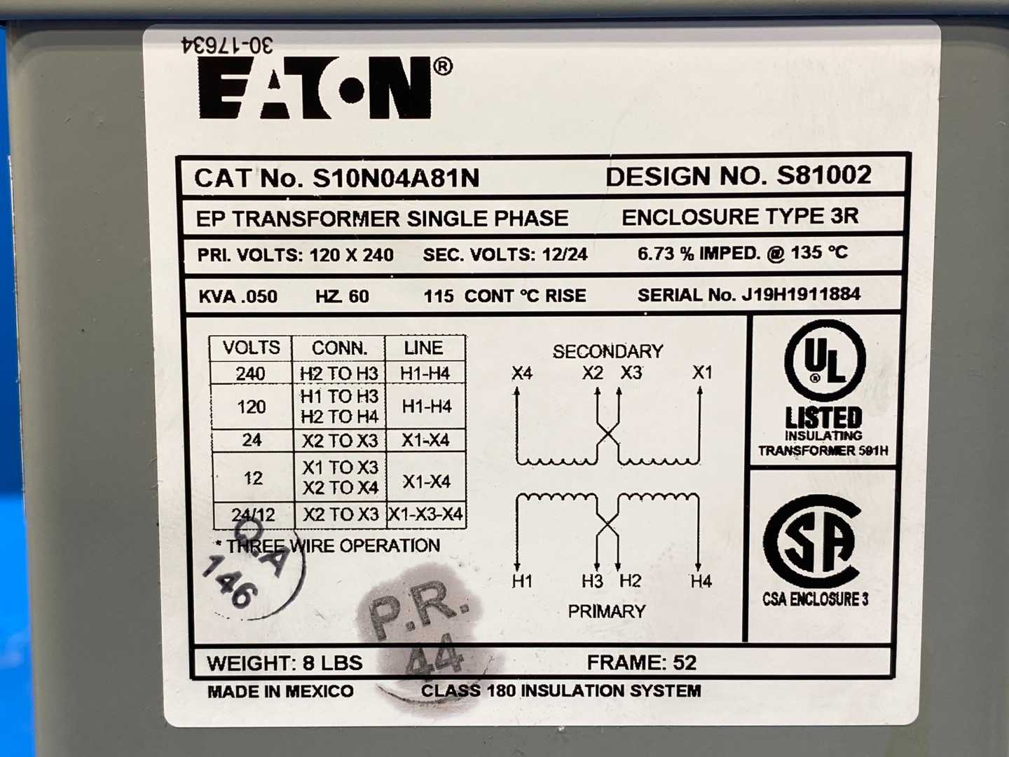 Eaton Transformer S10N04A81N, KVA. 050, HZ60, V120-240