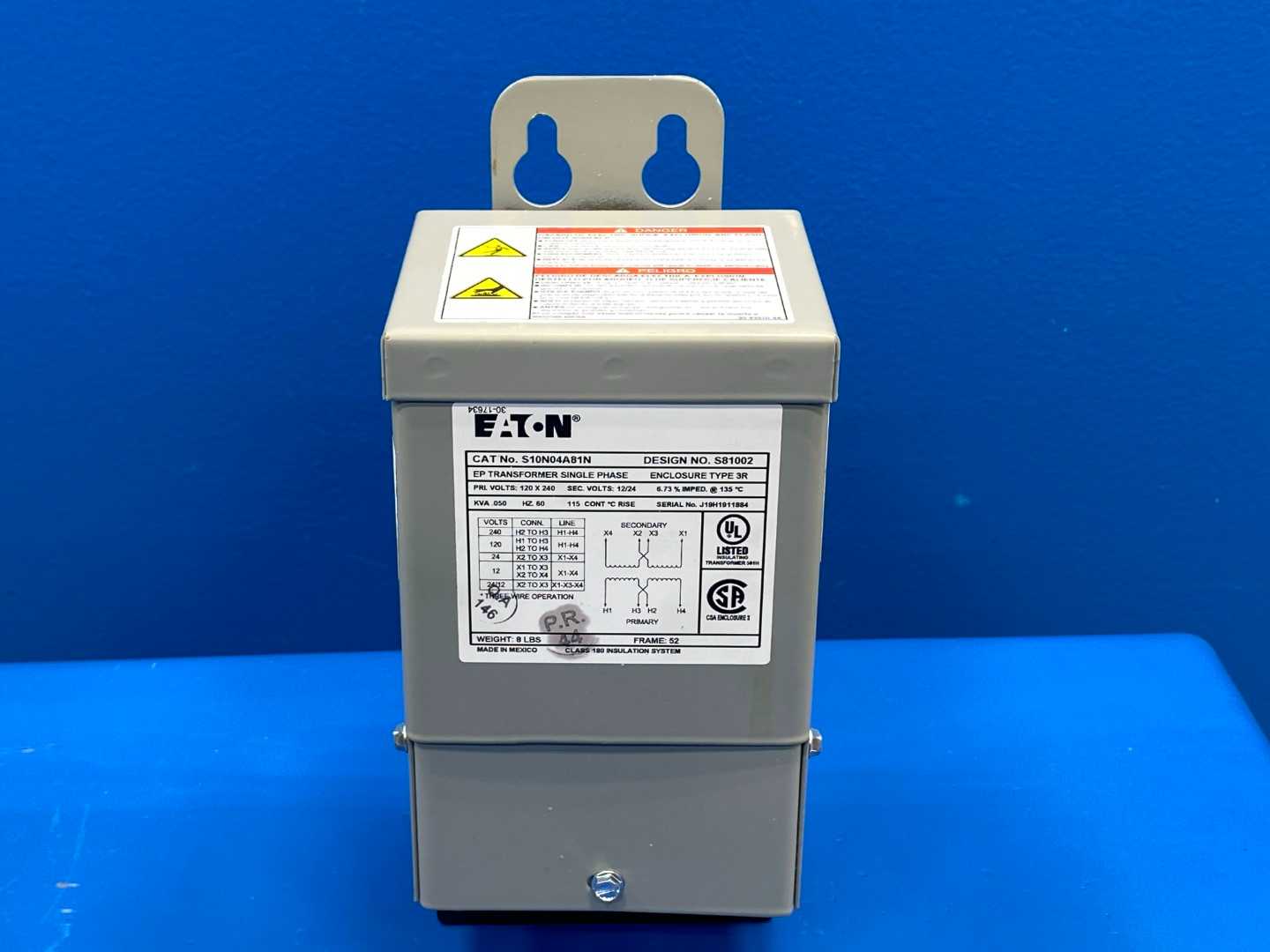 Eaton Transformer S10N04A81N, KVA. 050, HZ60, V120-240 Design No. S81002