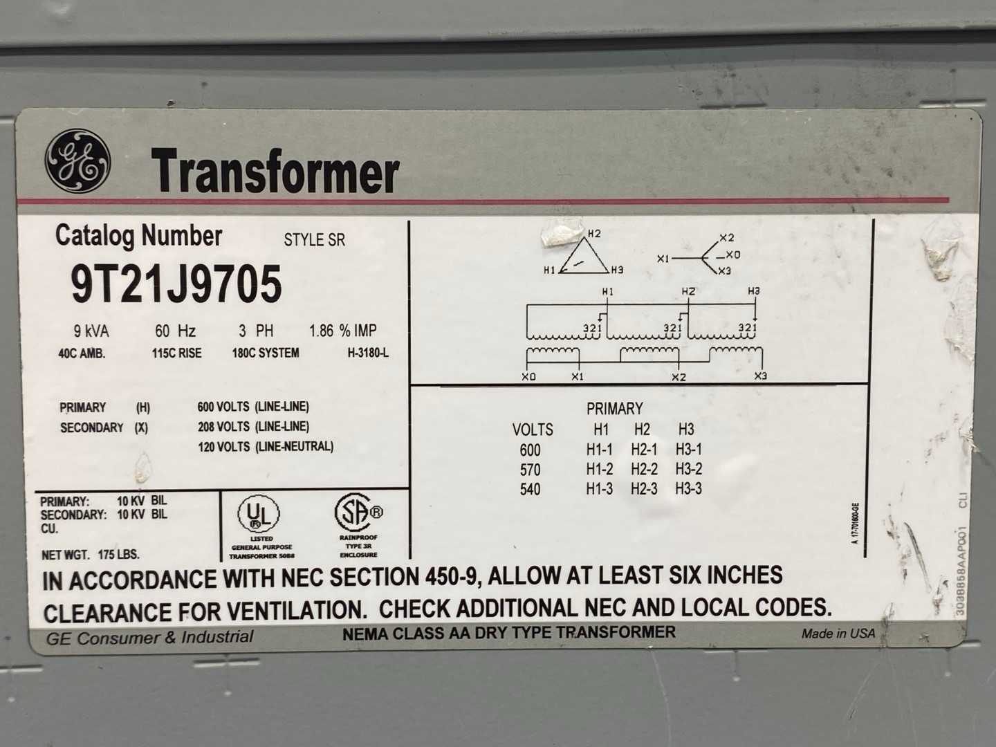 General Electric Transformer 9T21J9705, 9kVA, 60Hz, 3PH, 120/208/600V