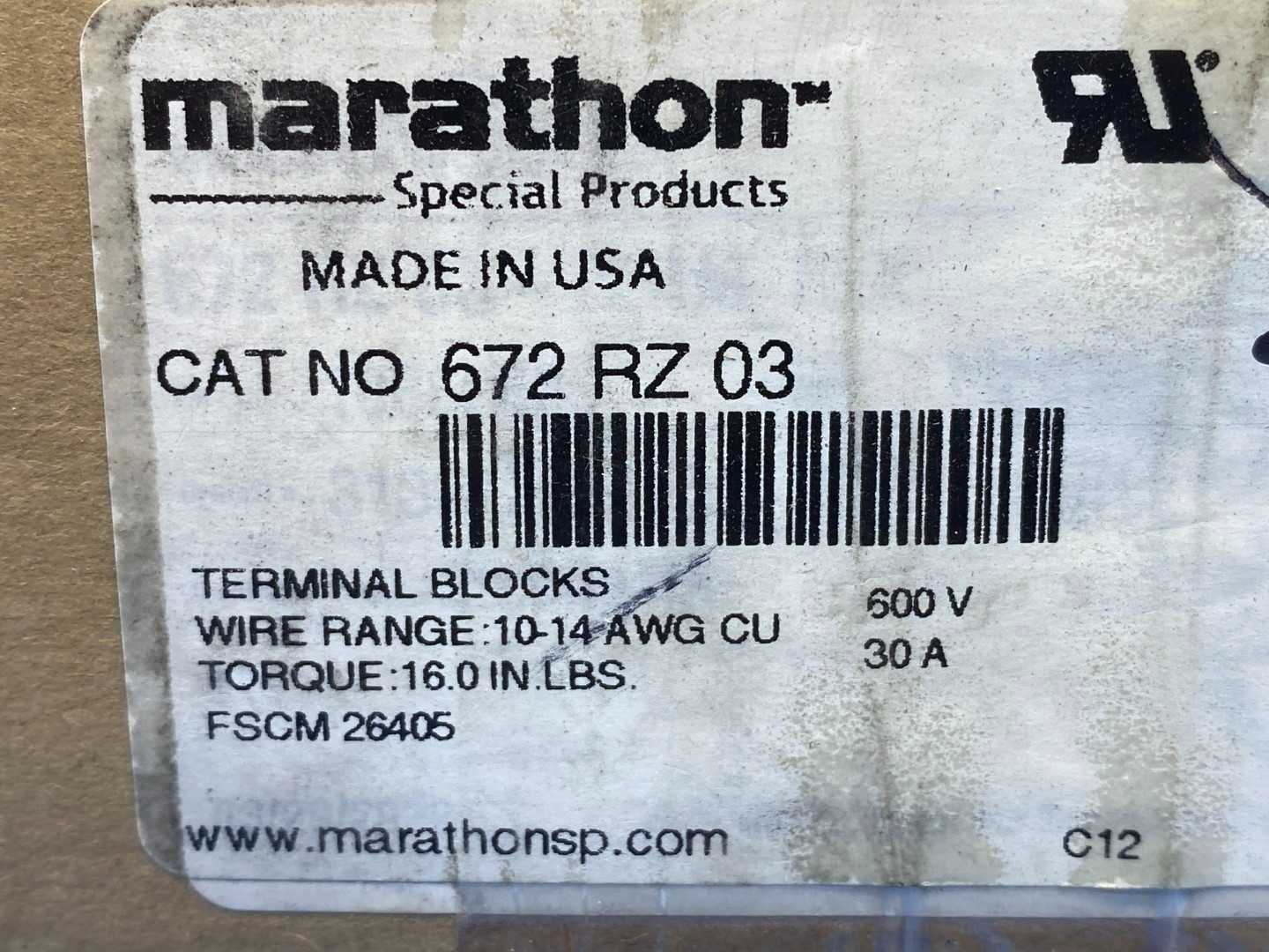 Marathon Special Products 672 RZ 03 Terminal Block Connector 30A, 600V