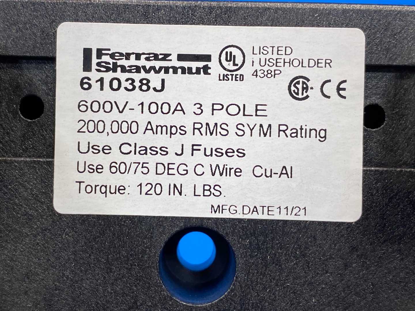 Mersen Fuse Block 61038J, 600V-100A 