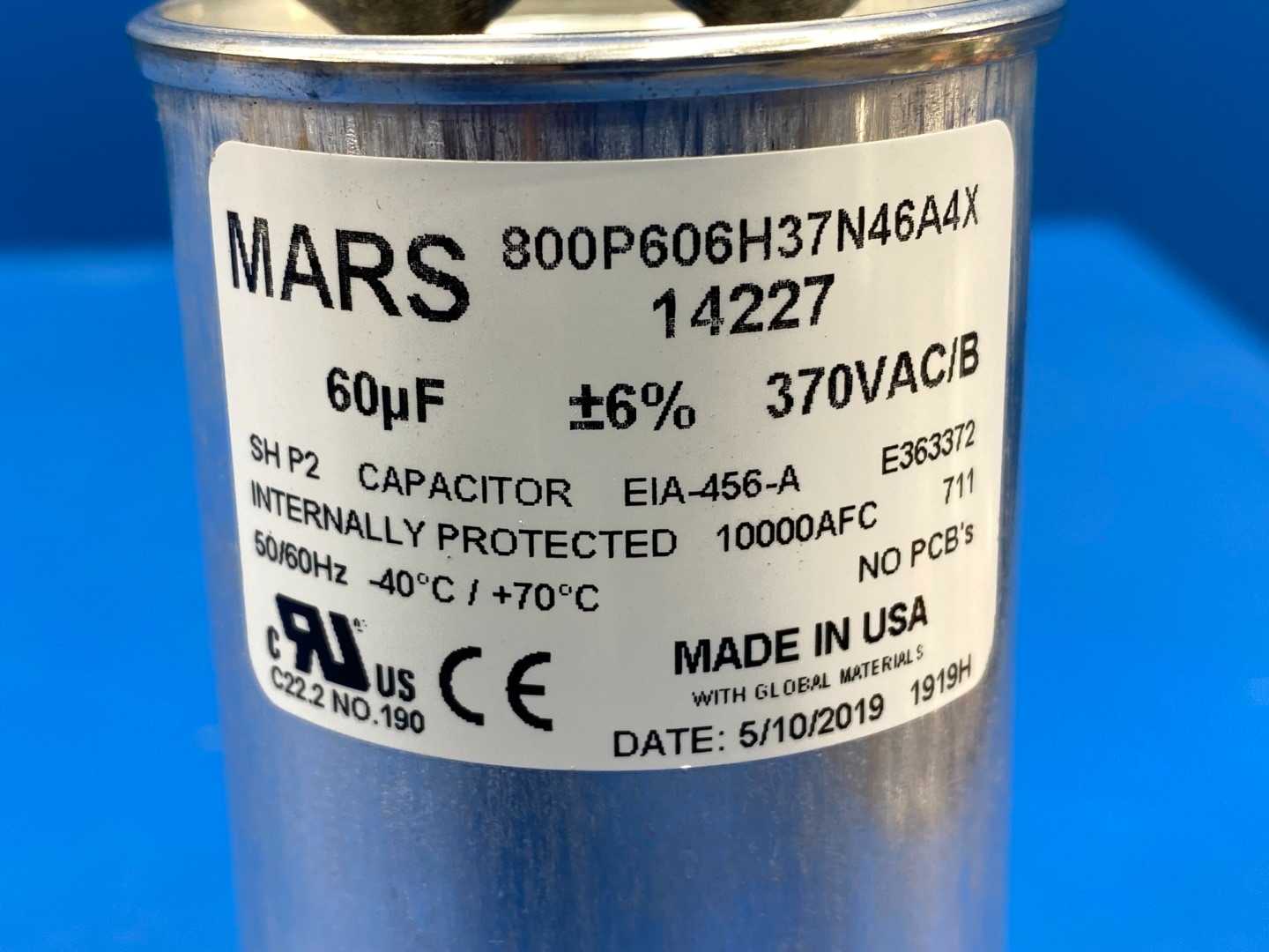 Mars Motor Run Capacitor 14227, (60MDF-370VAC)