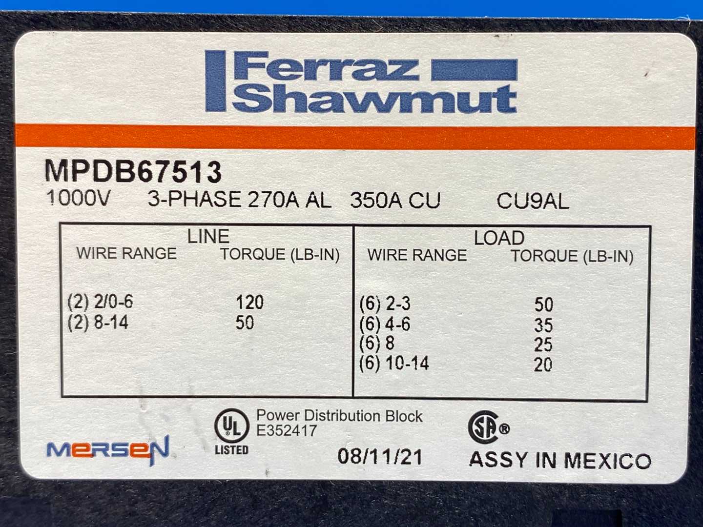 Mersen MPDB67513 Power Distribution Block 1000V