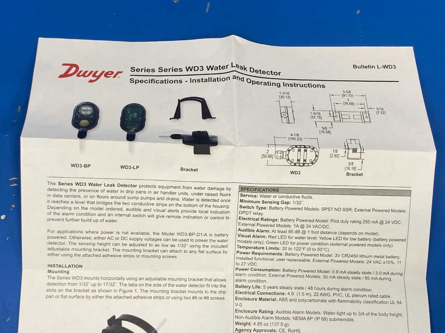 Dwyer WD3-LP-D2 Water Leak Detector, DPDT Relay, Adjustable Mounting Bracket 24V