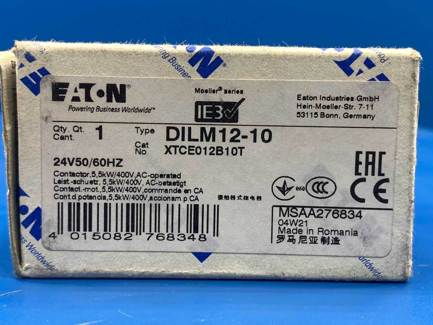 Eaton XTCE012B10T, Type DILM12-10 Contactor, 24, 50/60Hz