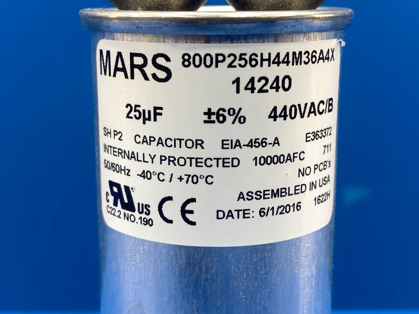 Mars Motor Run Capacitor 14240, 25MFD, 440/370VAC Dual Voltage Rated