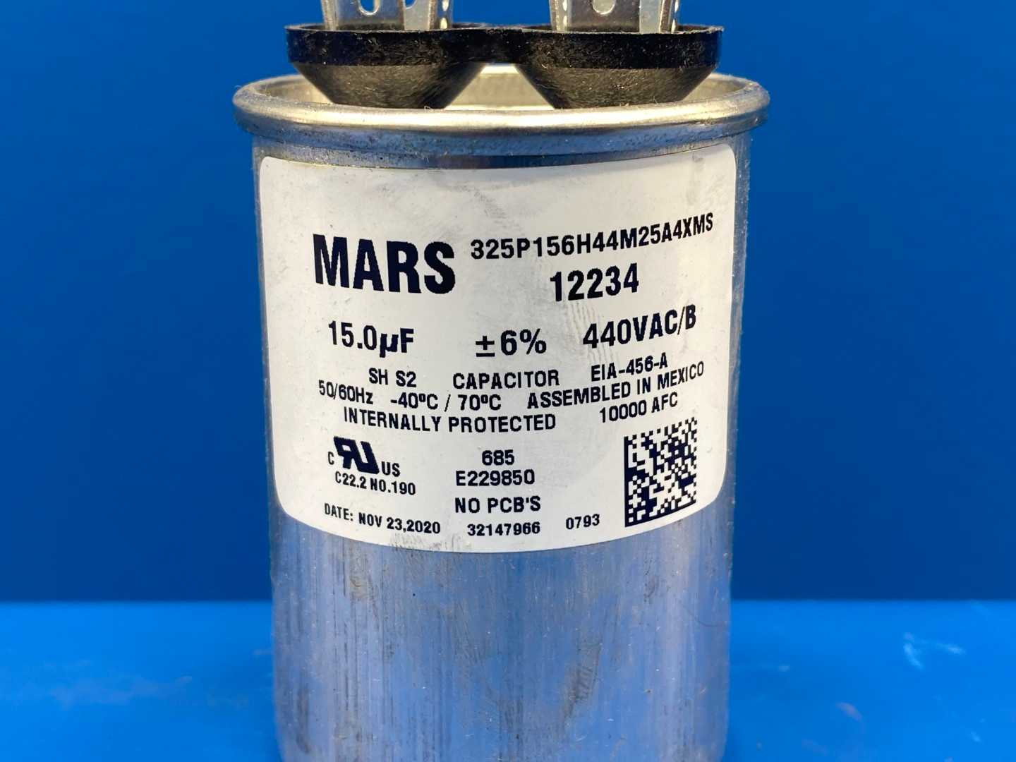 Mars Motor Run Capacitor 12234, 15MFD, 440/370VAC Dual Voltage Rated