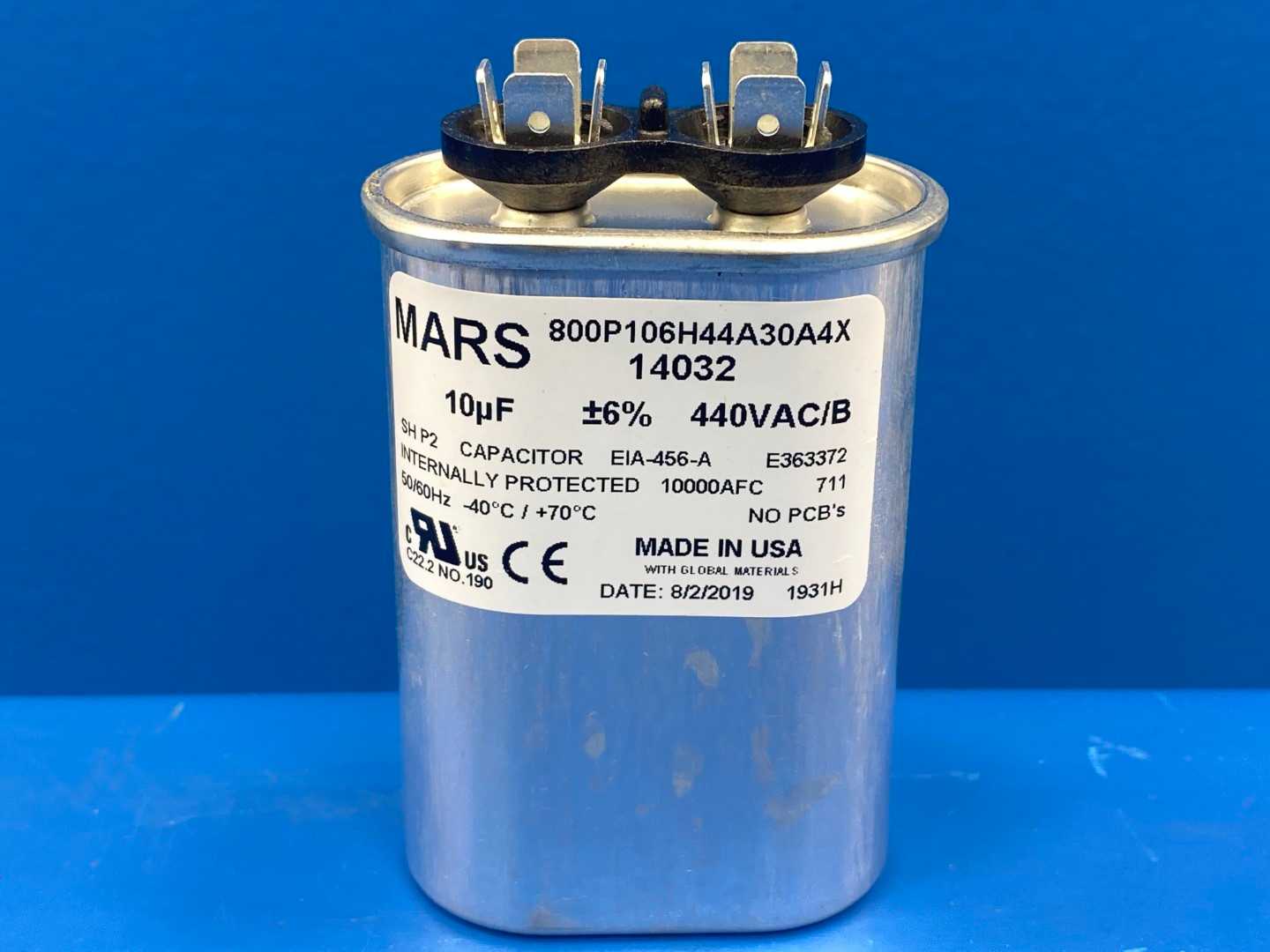 Mars, Motor Run Capacitor 14032, 10MFD, Oval, 440/370VAC Dual Voltage Rated