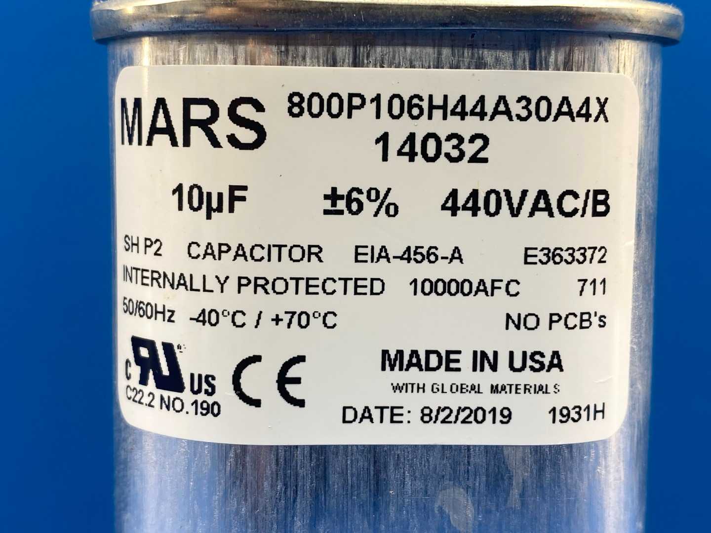 Mars, Motor Run Capacitor 14032, 10MFD, Oval, 440/370VAC Dual Voltage Rated