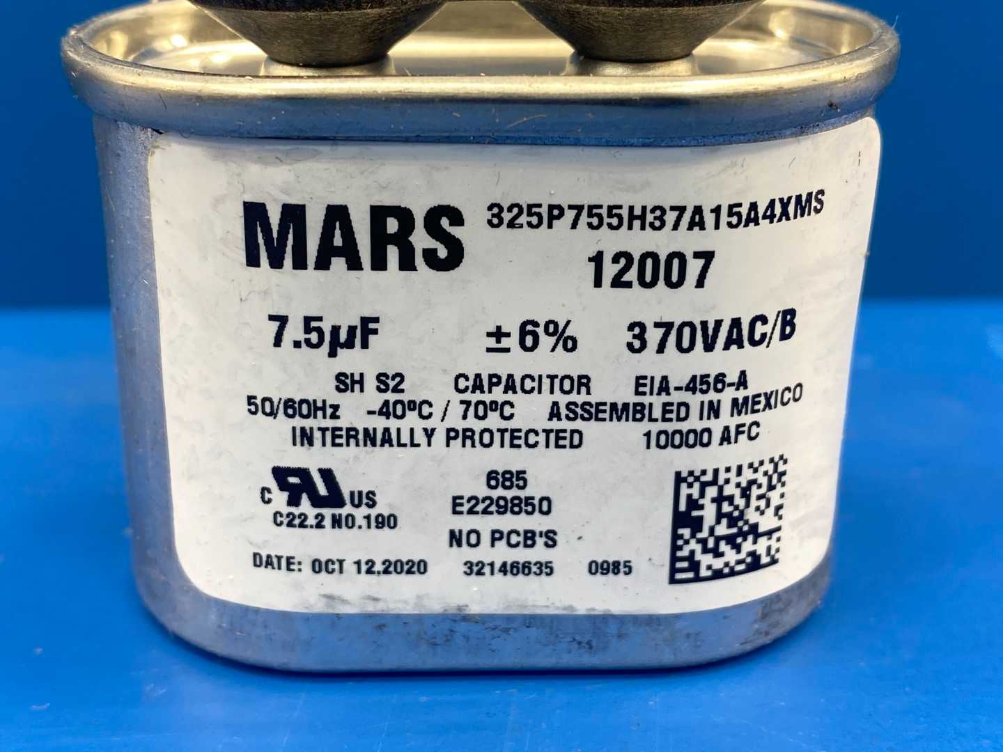 Mars, Motor Run Capacitor 12007, 7.5MFD, Oval, 370VAC