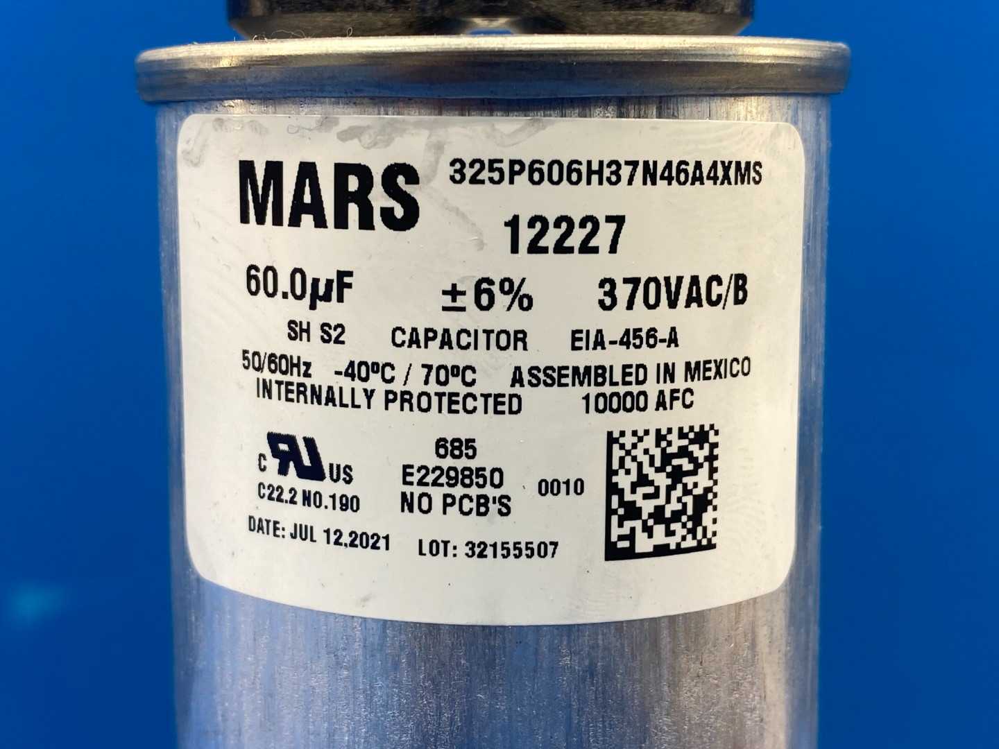 Mars, Motor Run Capacitor 12227, 60MFD, Round, 370VAC