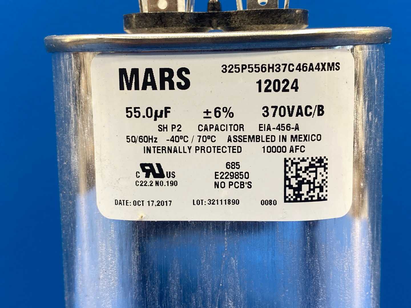 Mars, Motor Run Capacitor 12024, 55MFD, Oval, 370VAC