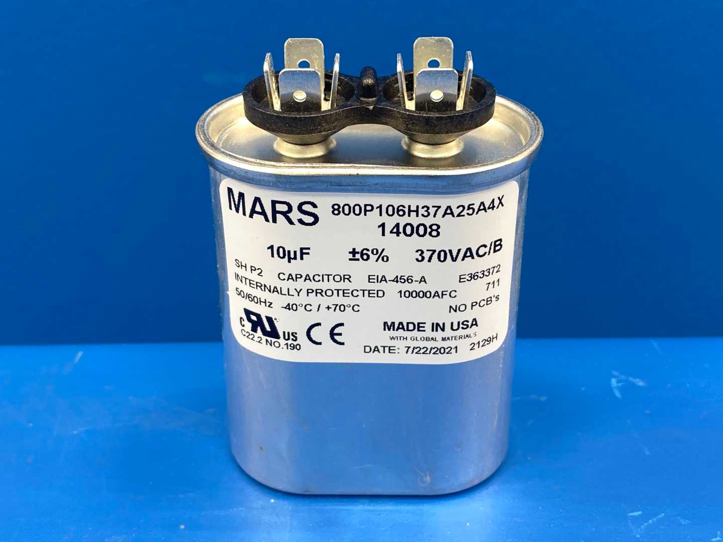 Mars, Motor Run Capacitor 14008, 10MFD, Oval, 370VAC