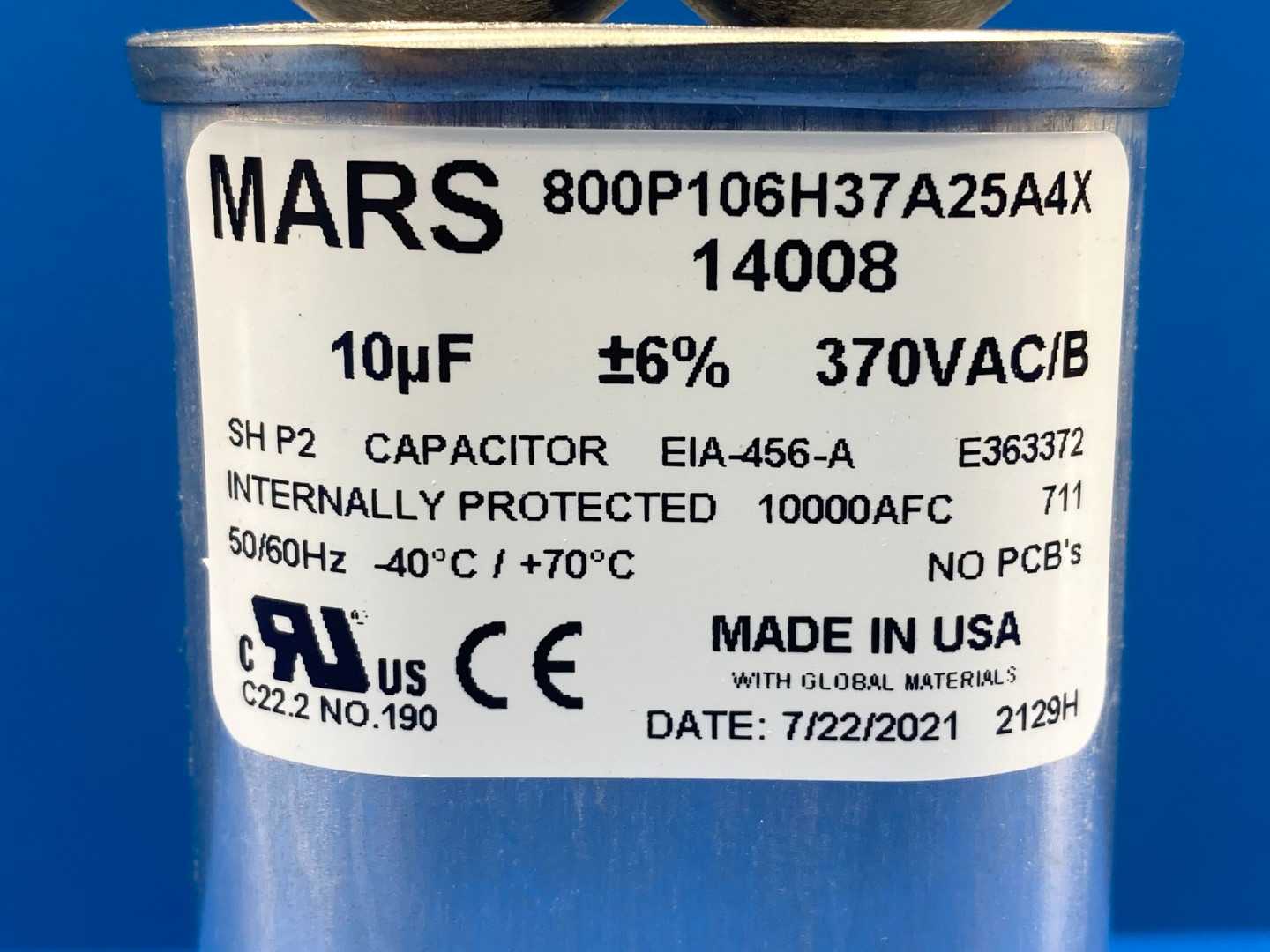 Mars, Motor Run Capacitor 14008, 10MFD, Oval, 370VAC