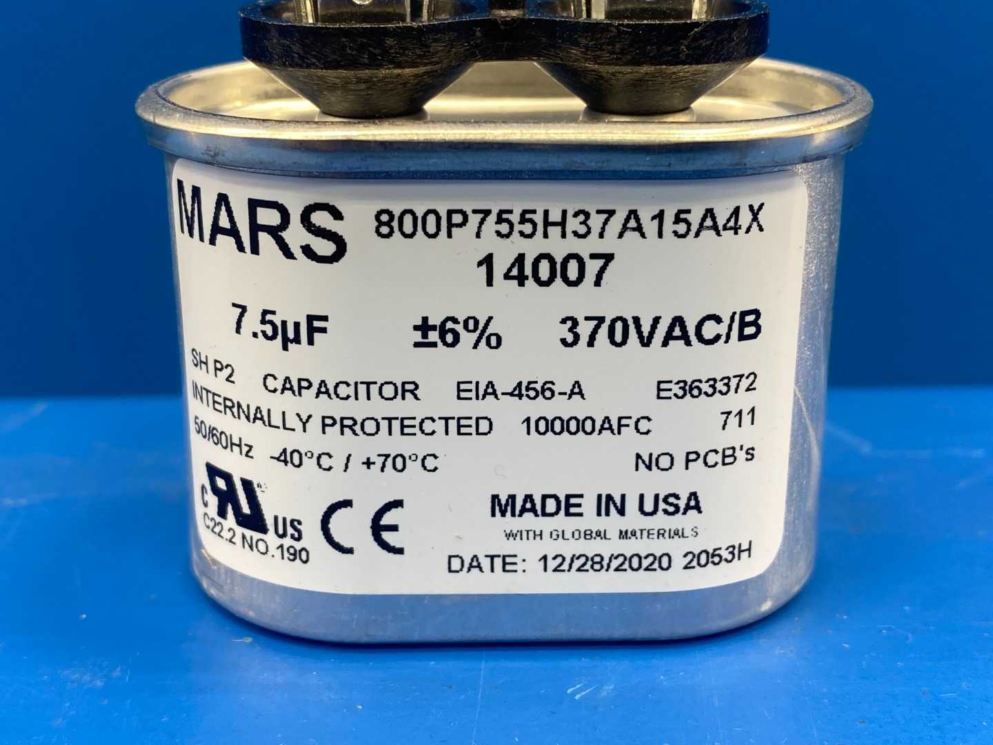 Mars, Motor Run Capacitor 14007, 7.5MFD, Oval, 370VAC