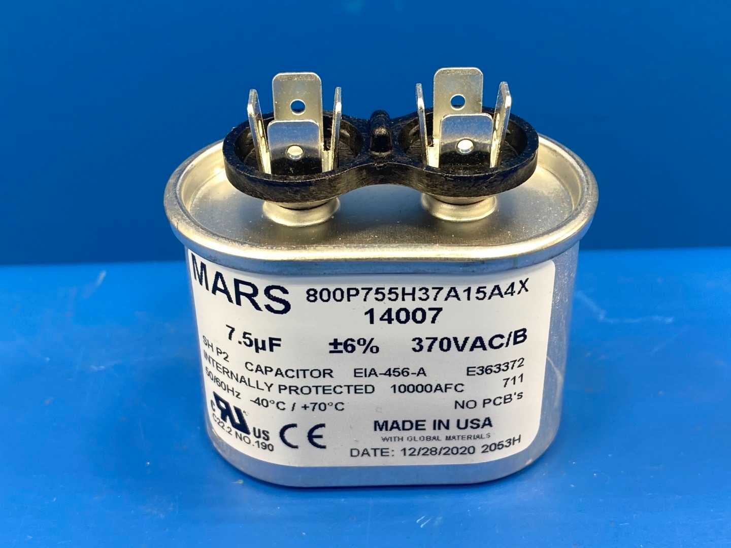 Mars, Motor Run Capacitor 14007, 7.5MFD, Oval, 370VAC