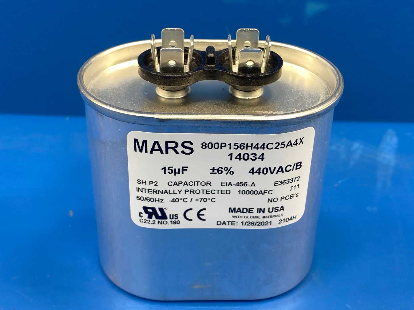 Mars, Motor Run Capacitor 14034, 15MFD, Oval, 440/370VAC Dual Voltage Rated