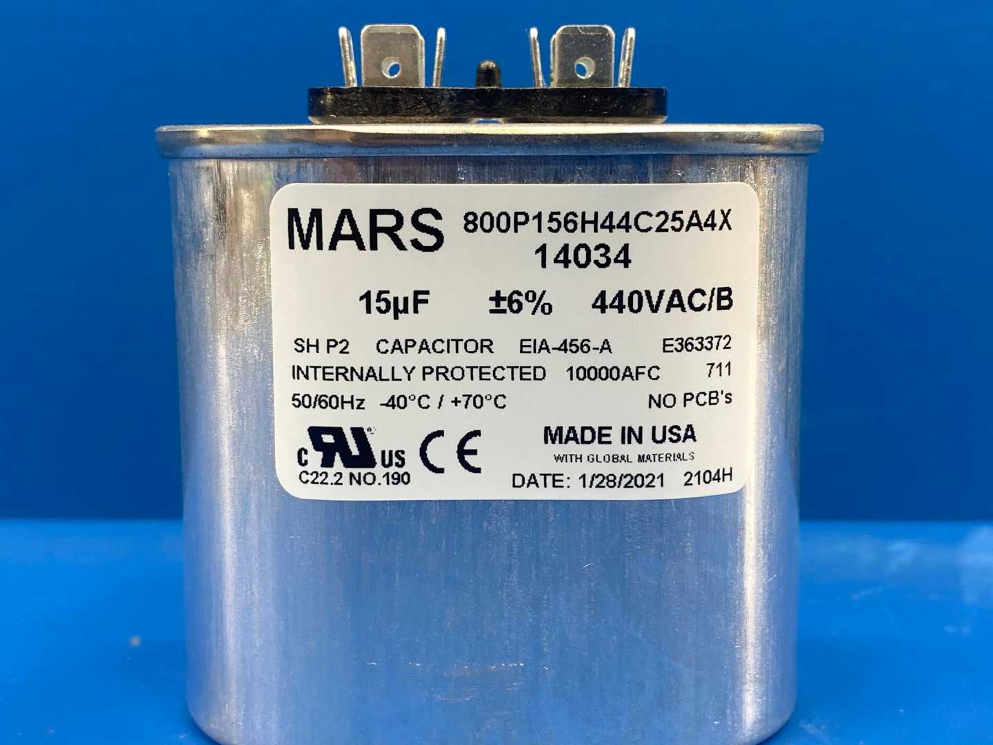 Mars, Motor Run Capacitor 14034, 15MFD, Oval, 440/370VAC Dual Voltage Rated