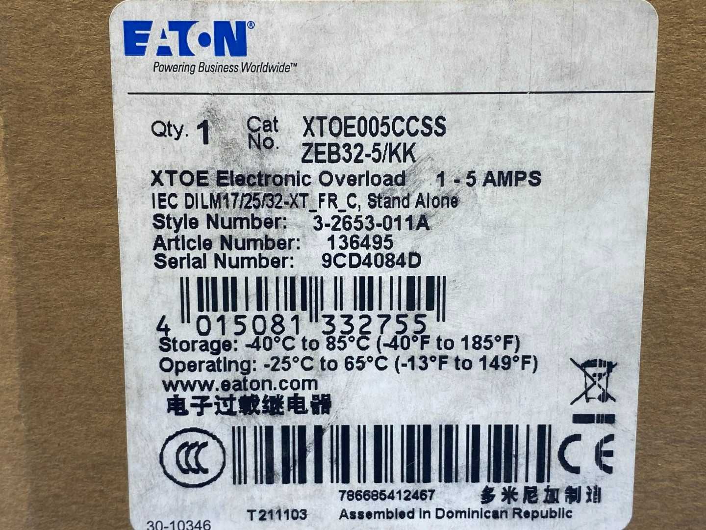 Eaton Electronic Overload XTOE005CCSS ZEB32-5/KK, 1-5A Contactor