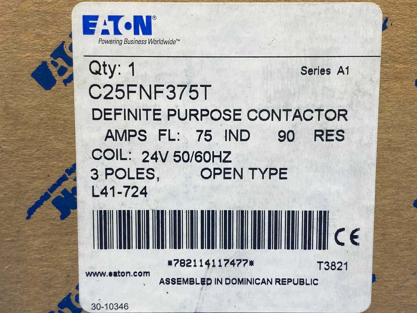 Eaton C25FNF375T Definite Purpose Contactor, 3-pole, 75A, 24V, 50/60Hz