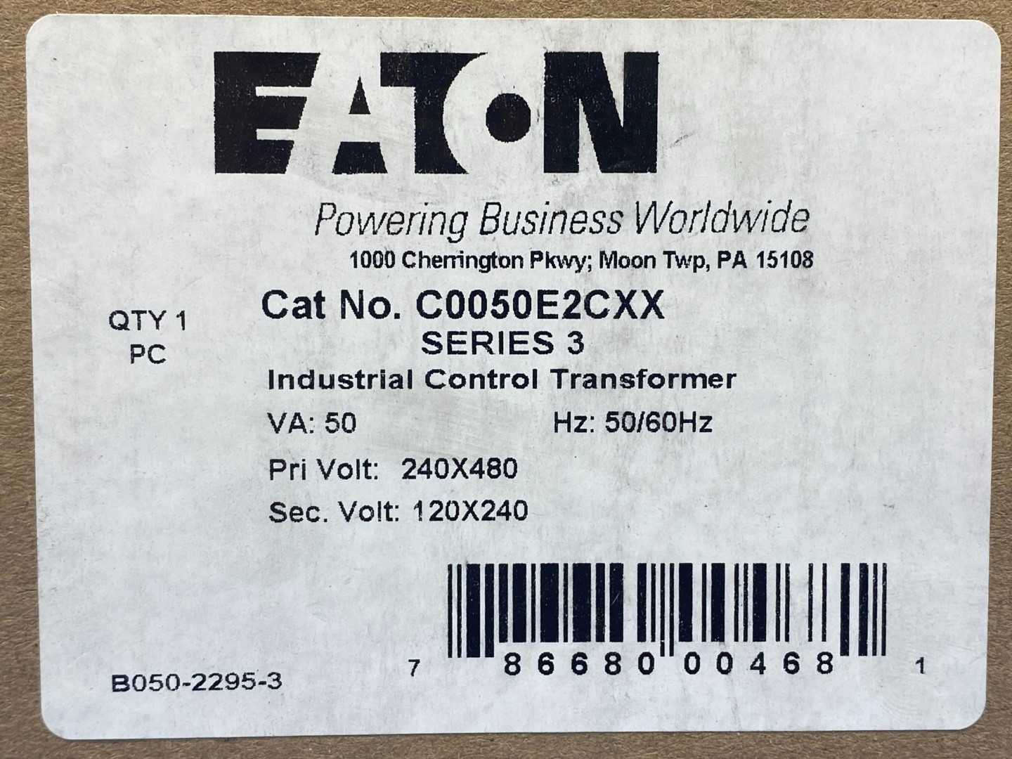 Eaton C0050E2CXX Industrial Control Transformer, 50A, 120/240V, 50/60Hz