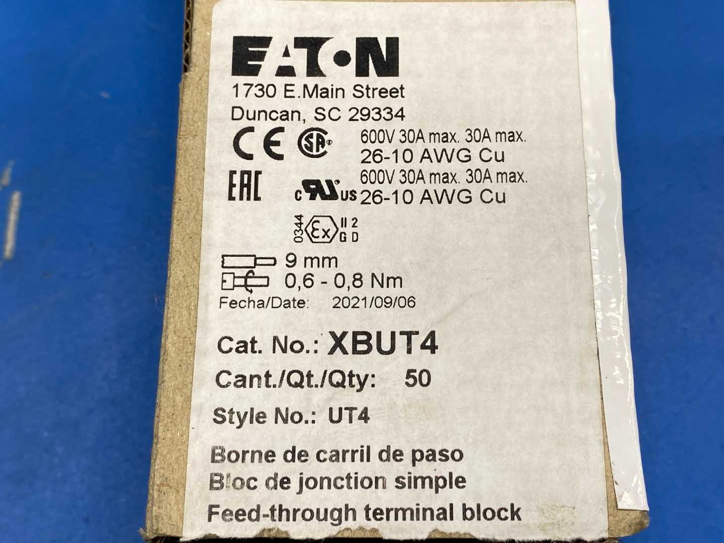 Eaton XBUT4 Feed Through Terminal Block 600V-30A LOT OF 10