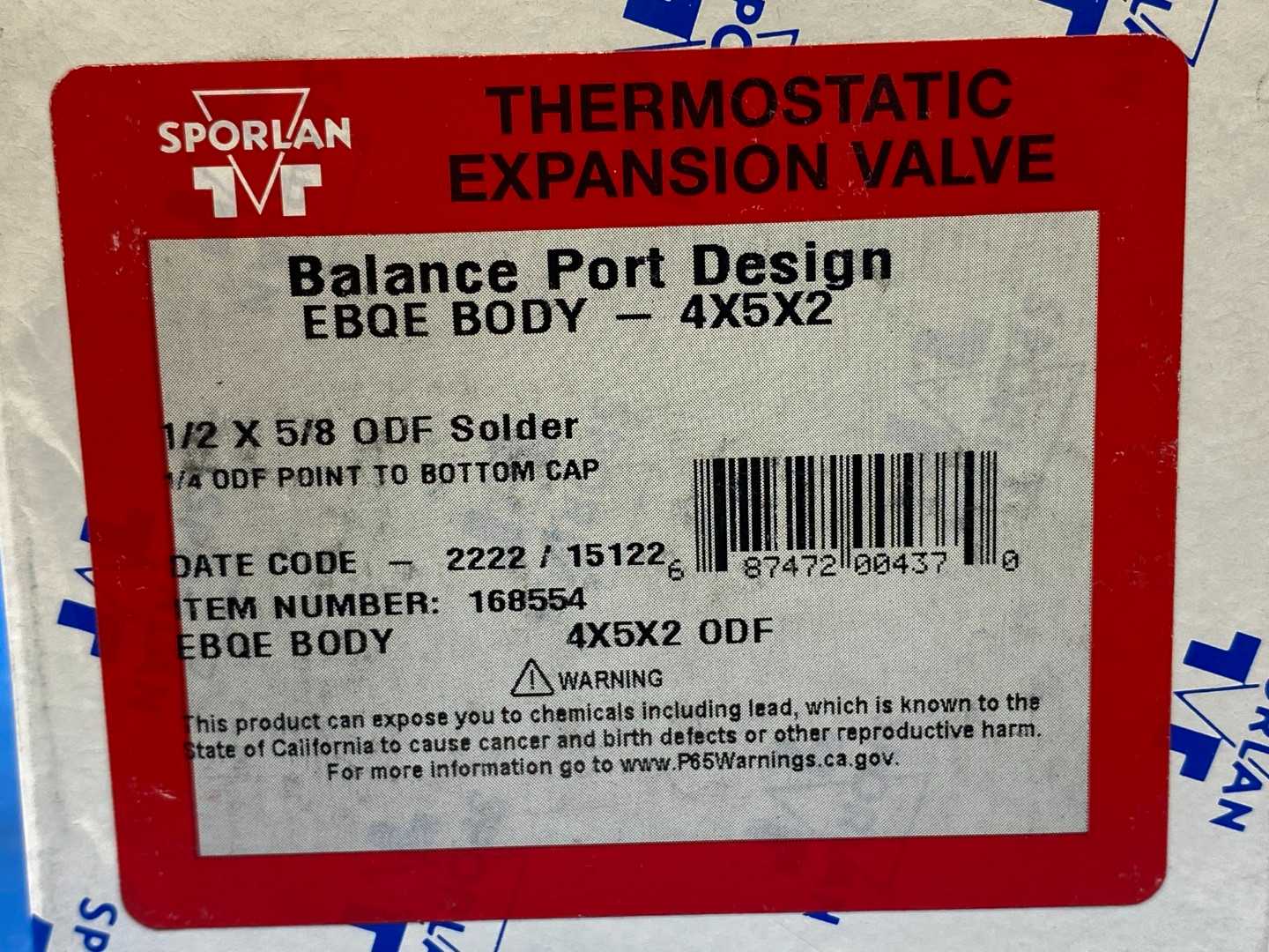 Sporlan Thermostatic Expansion Valve 168554, EBQE Body 4x5x2