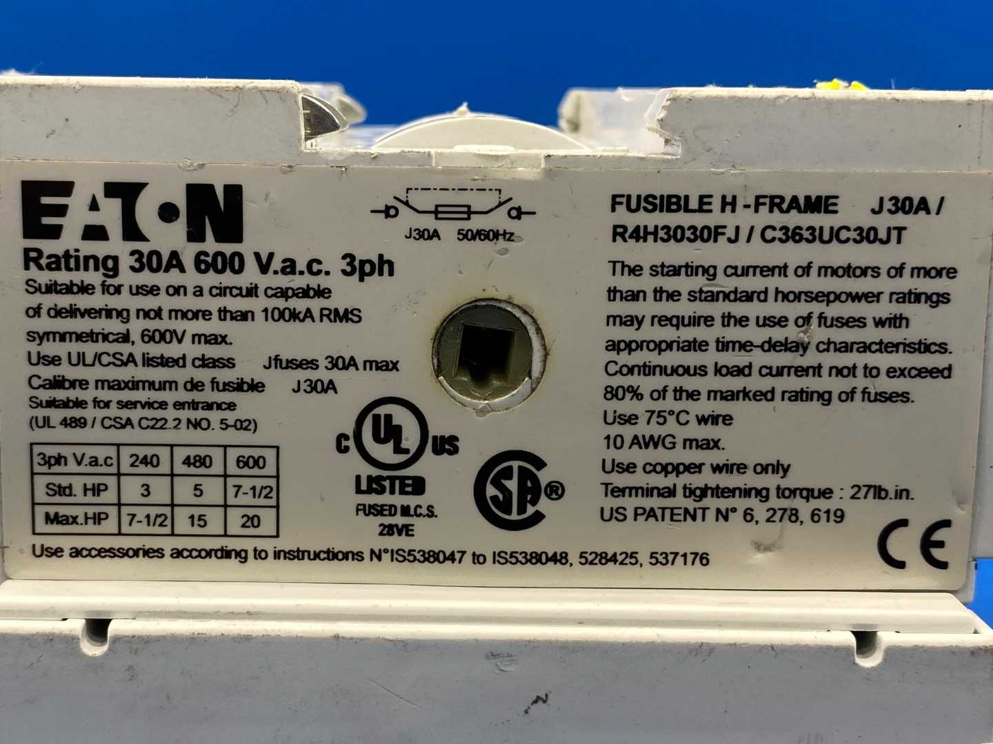 Eaton Fusible Rotary Disconnect R4H3030FJ, NO PLASTIC RAIL.30A, 3pole, 600VAC, H