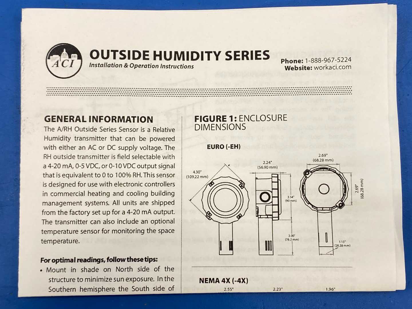 ACI, A/RH3-10K-E1-O Humidity Sensor, RH3%, EH / 15-36VDC, 24VAC