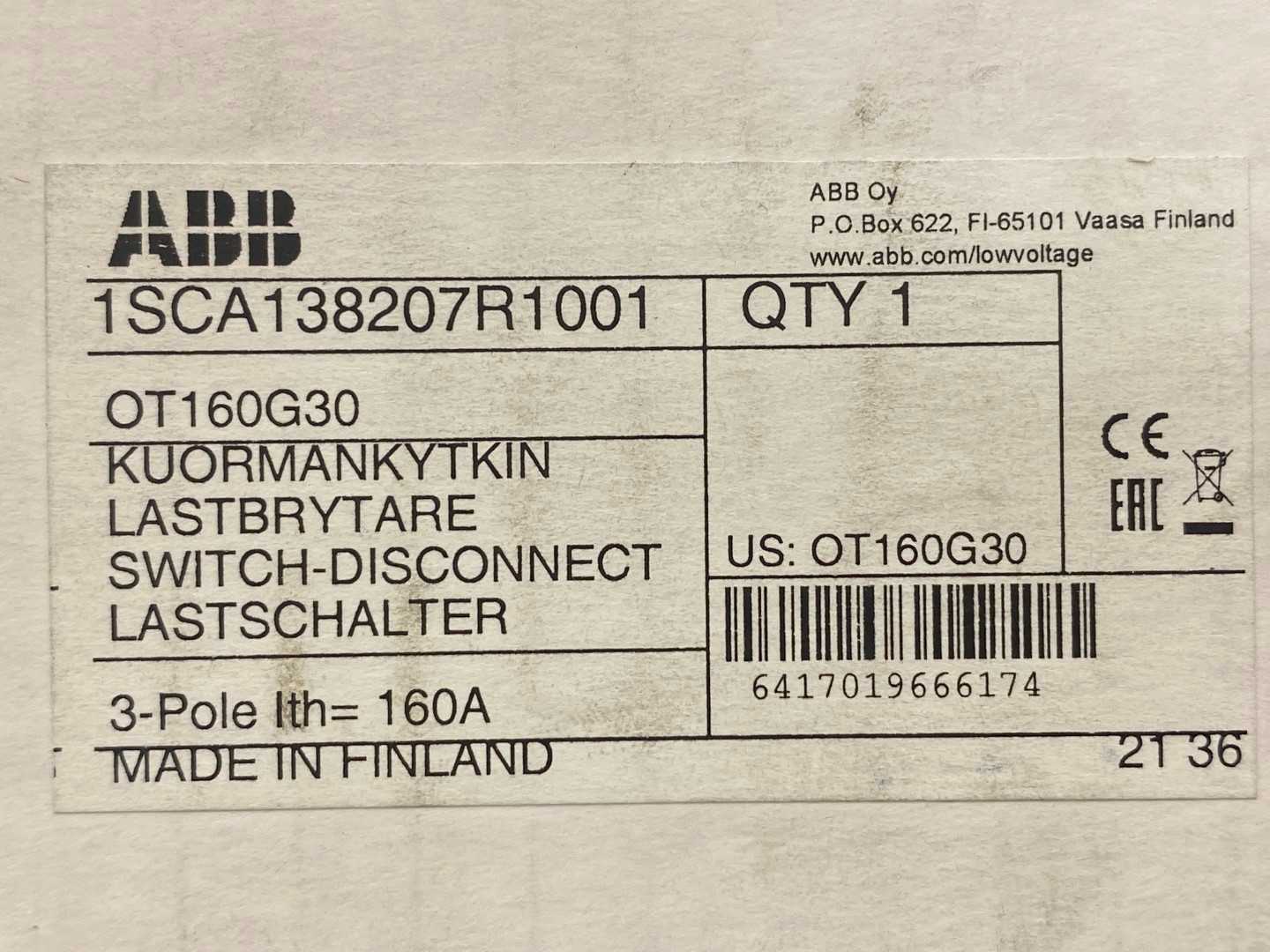 ABB Switch- Disconnect, 1SCA138207R1001 (OT160G30), 3-pole, 160A