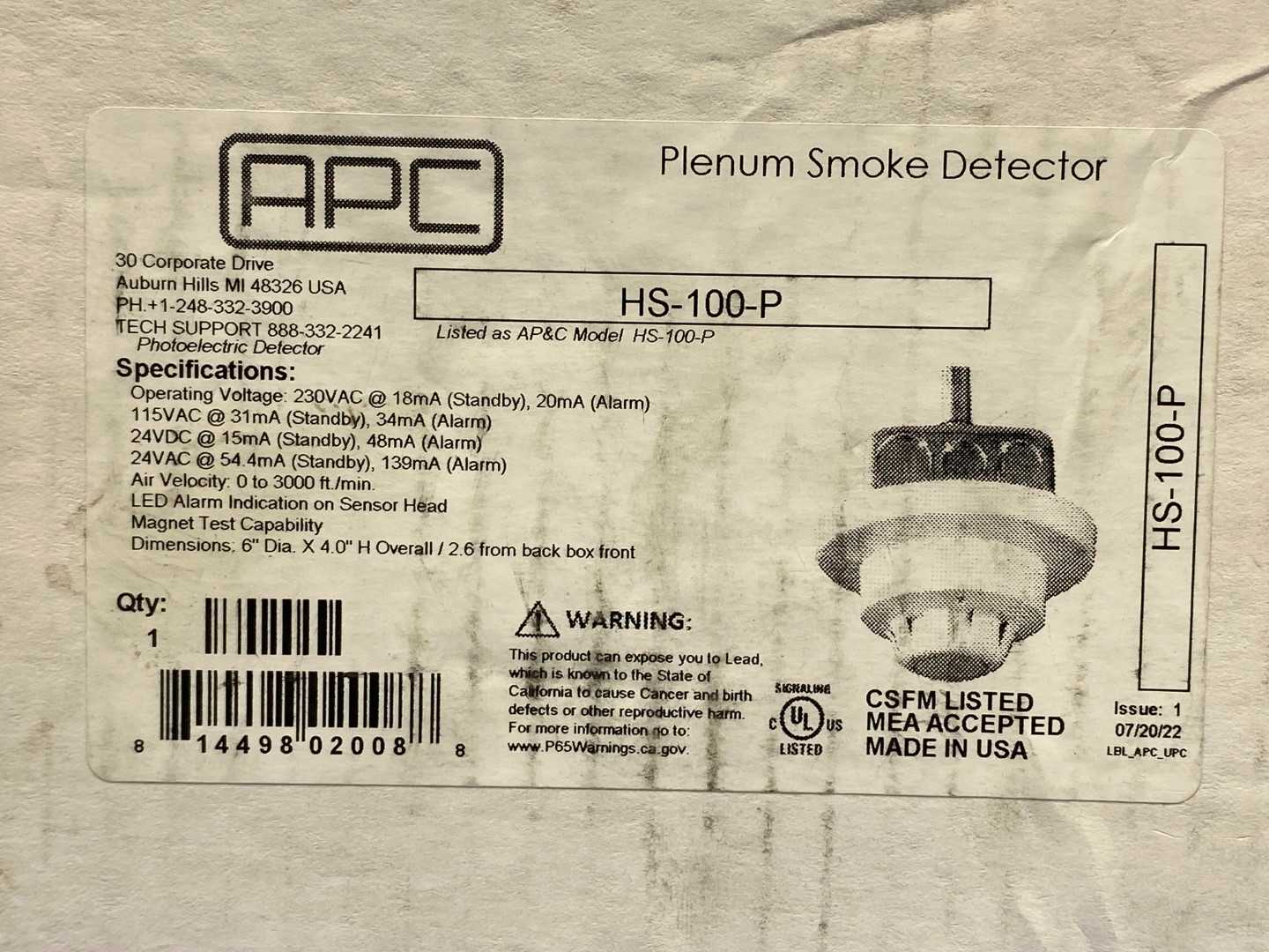 APC Plenum Smoke Detector HS-100-P, 230V, 4-Wire, Photoelectric Type