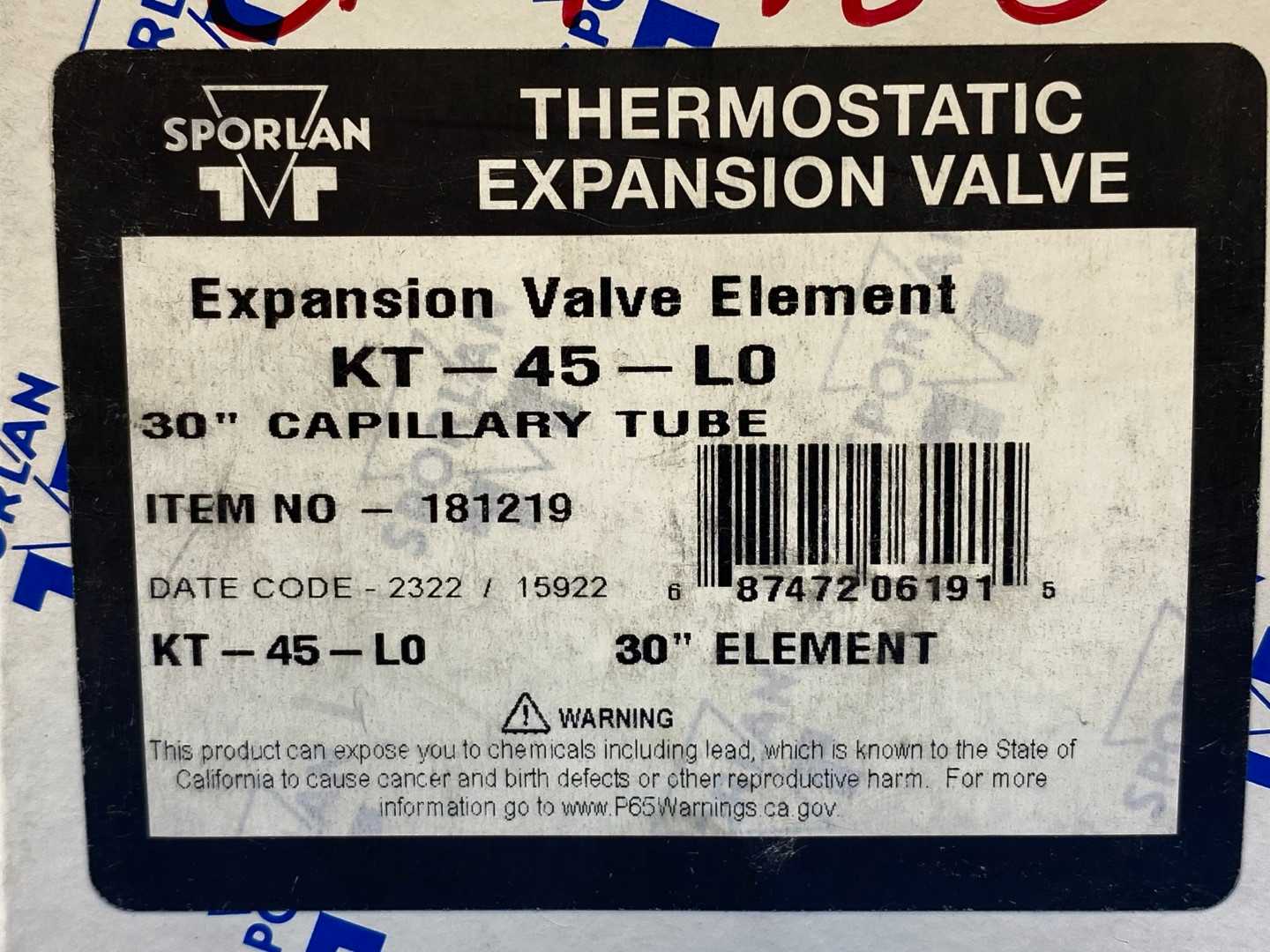 Sporlan Thermostatic Expansion Valve KT-45-L0, 30 Capillary Tube 