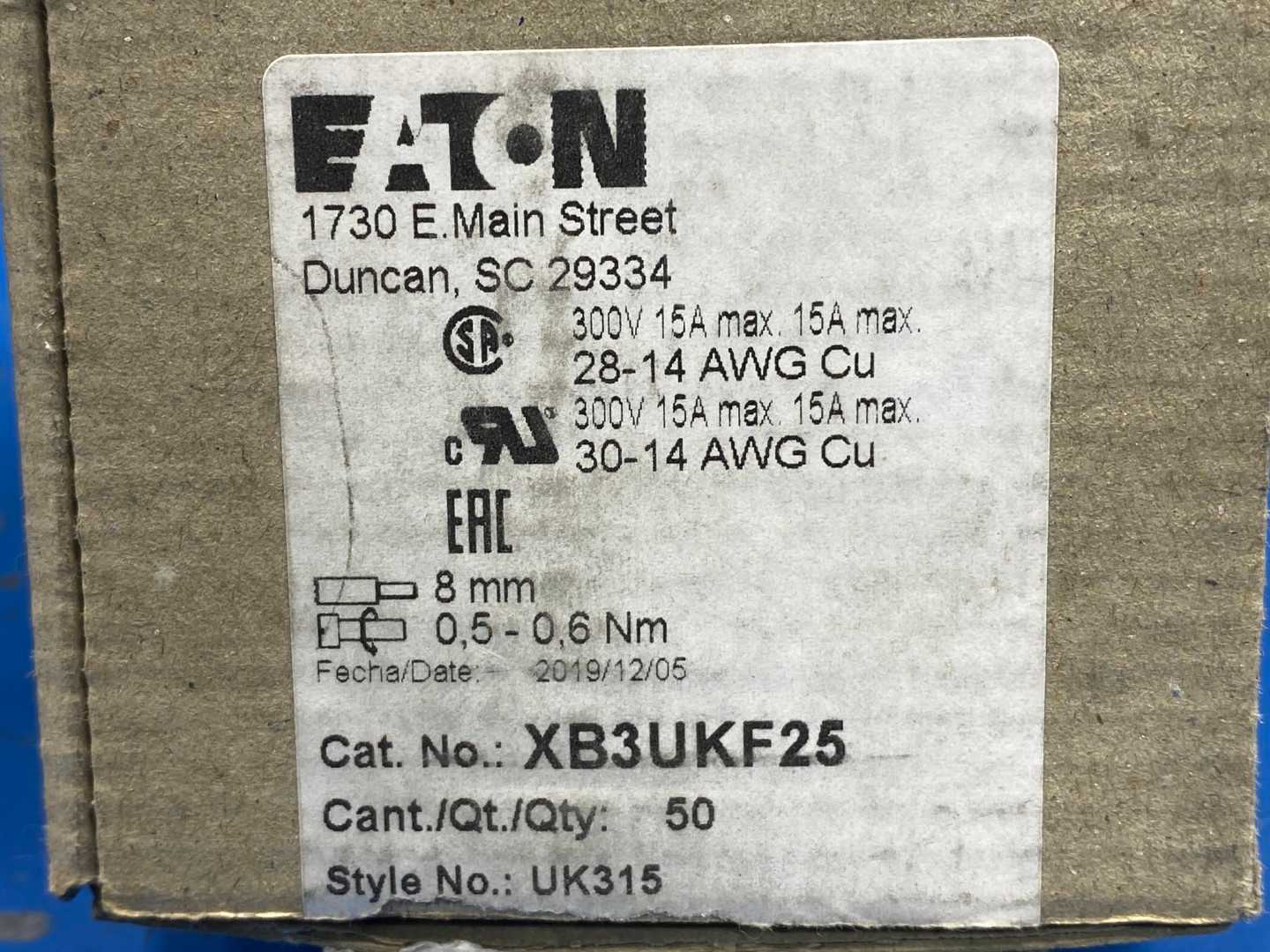 Eaton XB3UKF25, Terminal Block, 300/250VAC, 15/30A, 30-14AWG (box of 50)