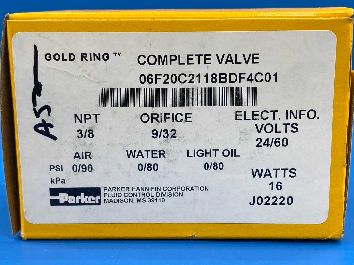 Parker Gold Ring, 06F20C2118BDF4C01 Complete Valve, NPT 3/8", Orifice 9/32"