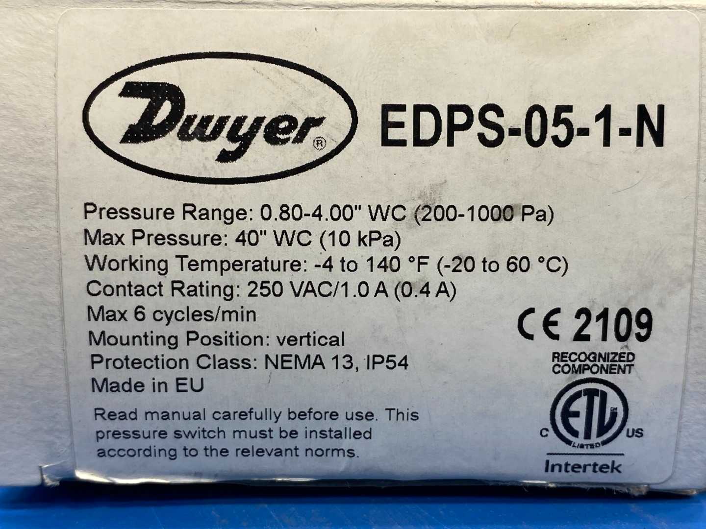 Dwyer EDPS-05-1-N, Adjustable Differential Pressure Switch, 250VAC