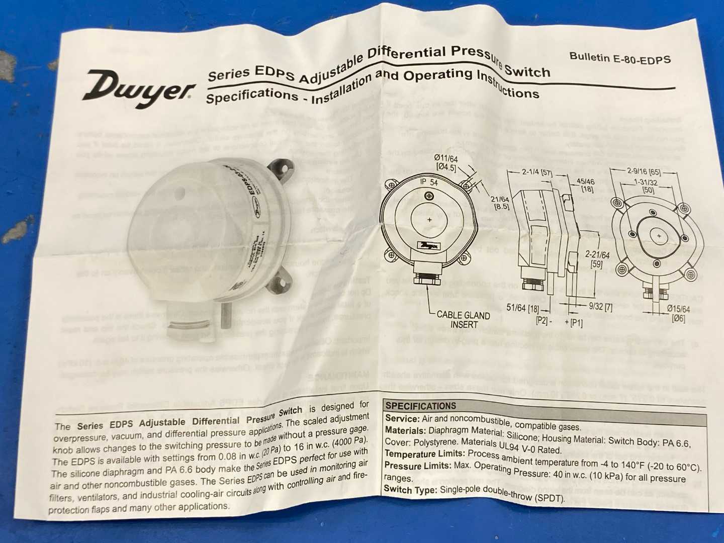 Dwyer EDPS-05-1-N, Adjustable Differential Pressure Switch, 250VAC