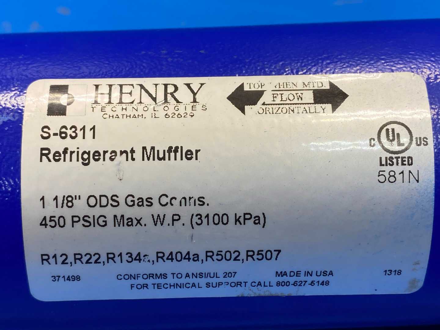 Henry Refrigerant Muffler, S-6311, 1"1/8" ODS Gas, 450 PSI Max