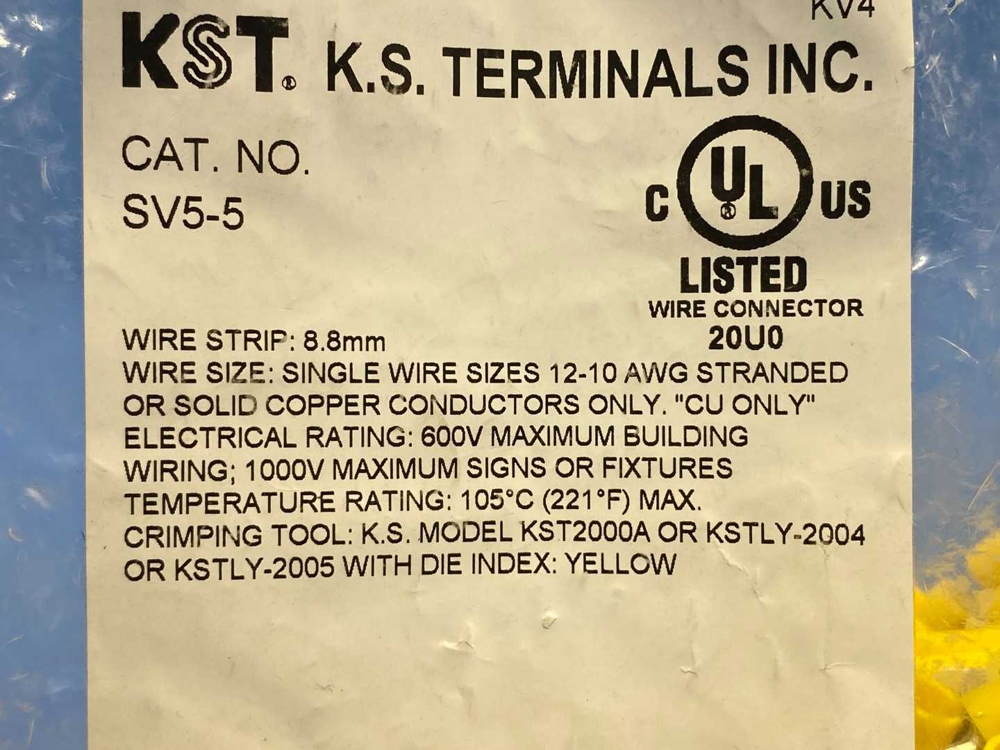 KST Insulated Spade Terminal, SV5-5, 12-10AWG, Yellow (Lot of 500)