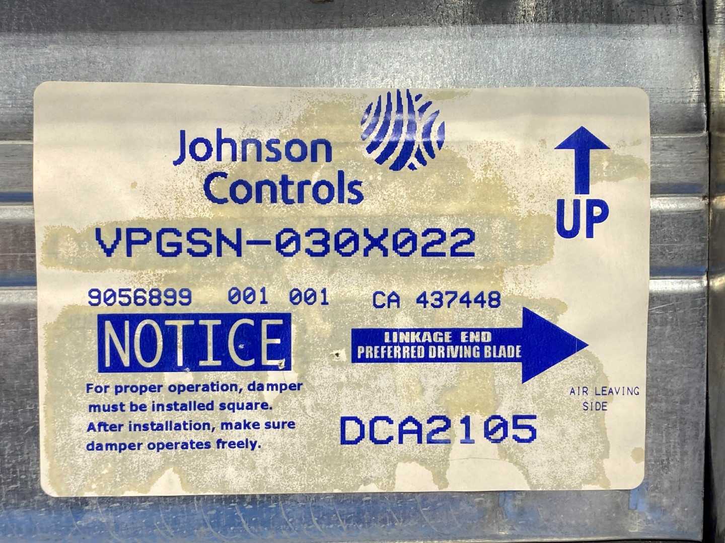 Johnson Controls VPGSN-030X022, Volume Control Damper 